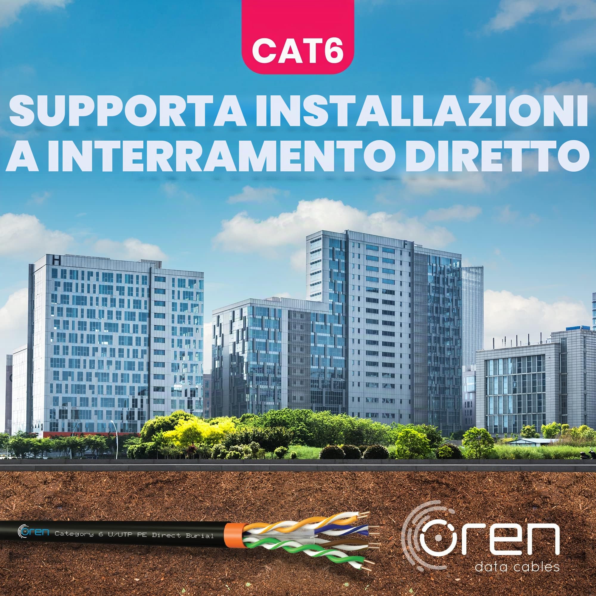 Oren CAT6 100m Cavo Ethernet da Esterno - Interramento Diretto - 23 AWG Cavo in Rame Nudo- 400 MHz Larghezza Banda UTP Cavo di Rete LAN Internet- senza alogeni, anticorrosivo – Gigabit