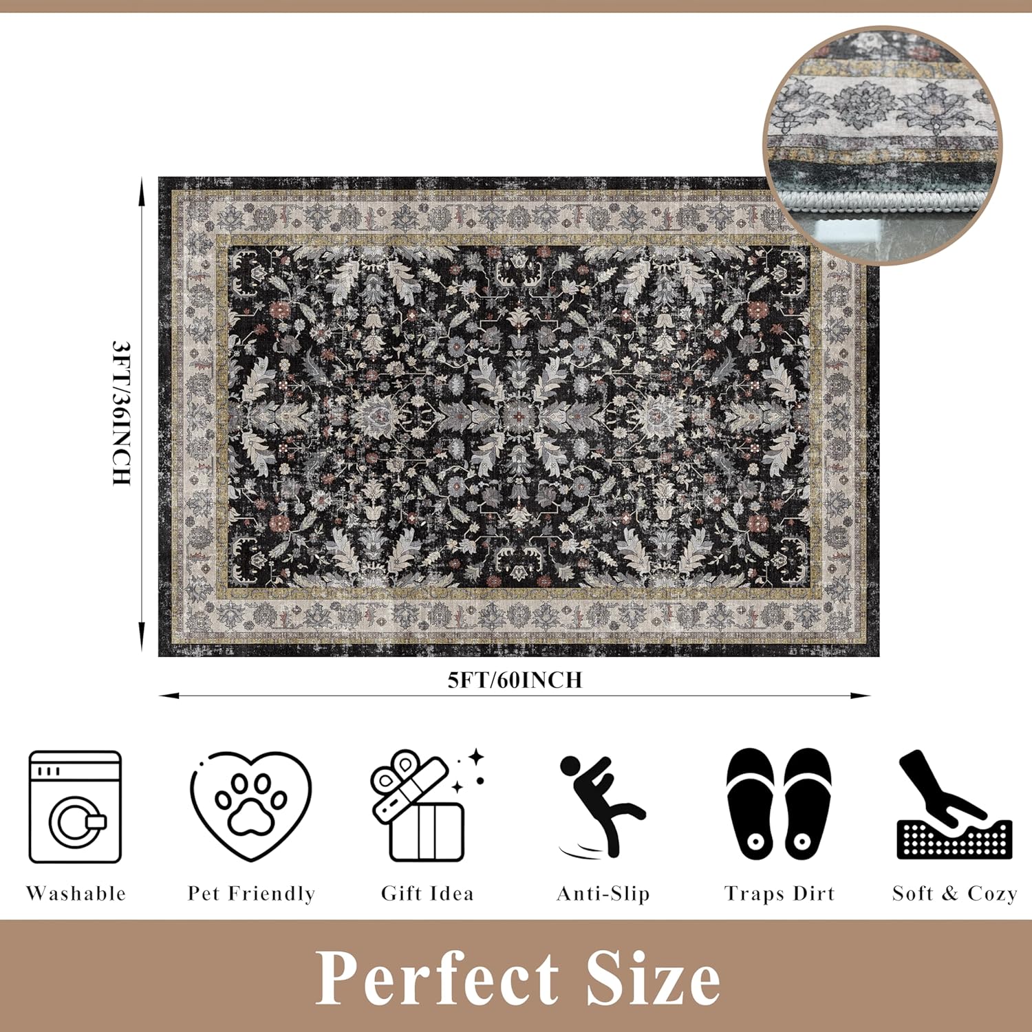 3x5 Kitchen Rug Washable Non-Skid, Boho Indoor Small Throw Area Rugs for Entryway Bedroom Living Room Floor, Soft Stain-Resistant Low-Pile Thin Doormat（Black, 3x5）