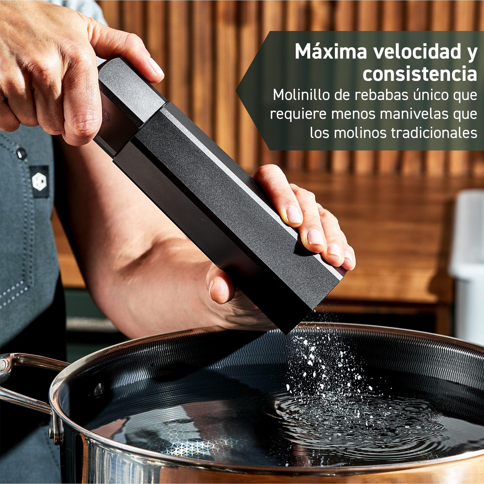 HexClad Molinillo de Sal HexMill, Grado Profesional, Resistente, Recargable, Aluminio Gris Metalizado, Diez Configuraciones de Molienda Gruesa Ajustables