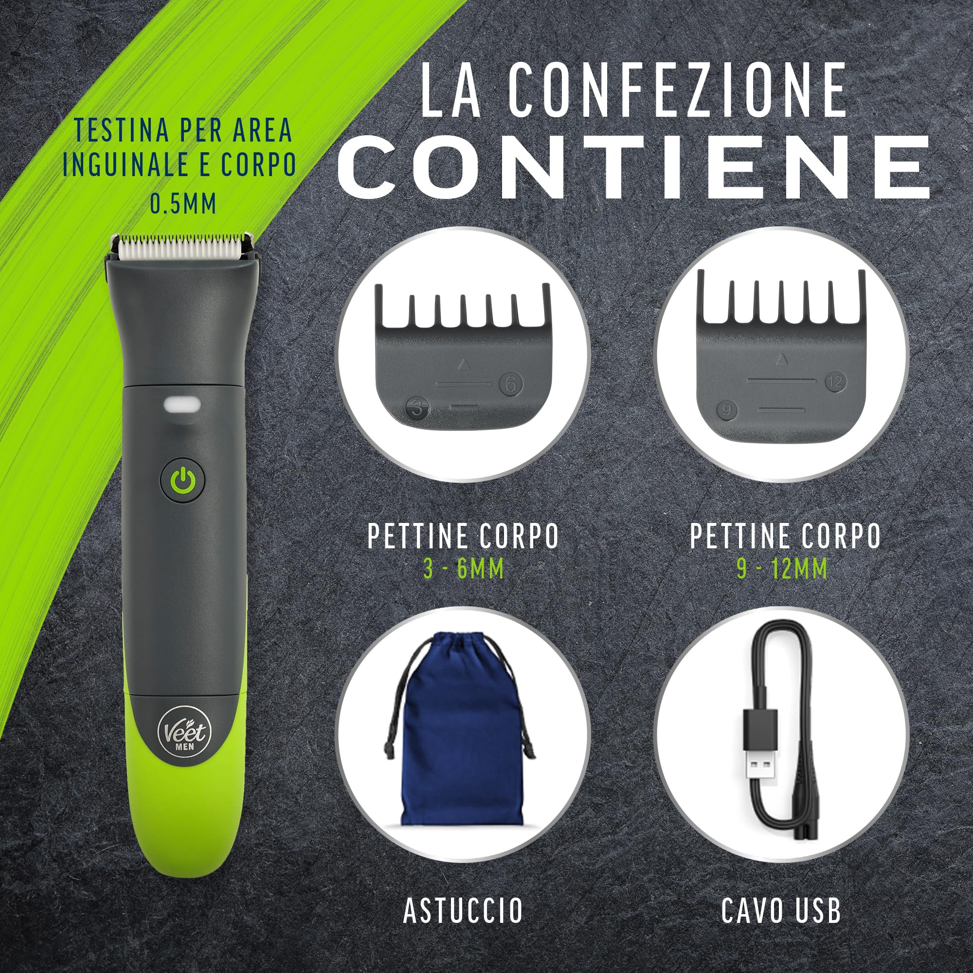 Veet Men Intimate Trimmer TOTAL PROTM, Rasoio elettrico uomo corpo e parti intime, 1 testina per zona intima e corpo e 2 pettini guida, Rifinitura precisa, Cordless + Crema 200 ml Pelli Sensibili