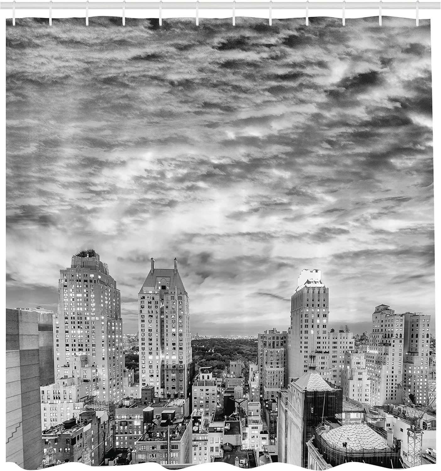 Ambesonne Black and White Shower Curtain, Skyline Rooftop View of New York in Cloudy Day Panoramic Bust Cityscape, Cloth Fabric Bathroom Decor Set with Hooks, 69" W x 70" L, White Charcoal Grey