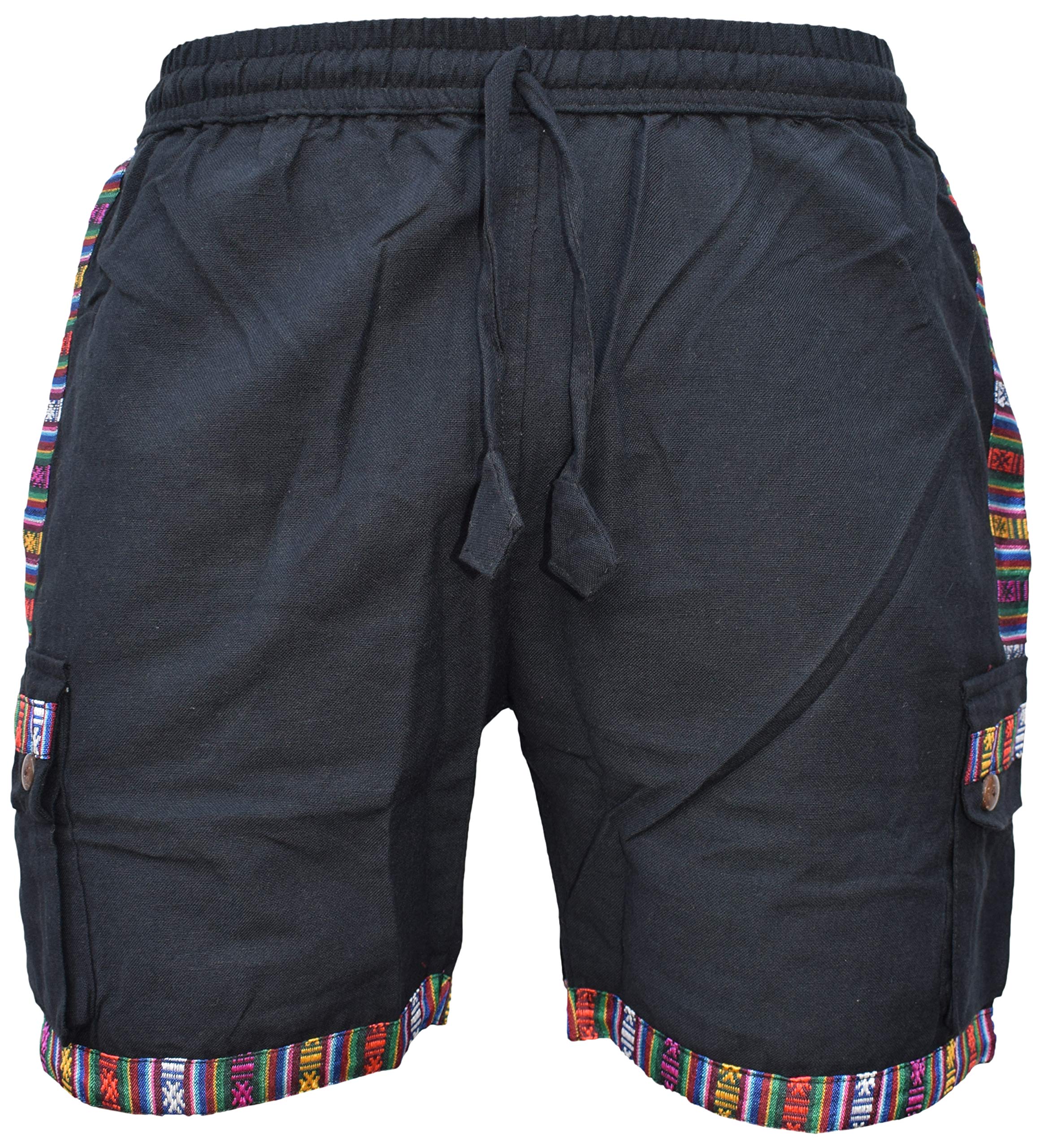 Gheri Men's Black Cotton Edge Nepalese Shorts Hippie Boho Half Pants Large