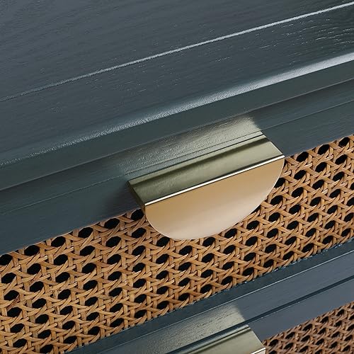 Miniatura 15 de Mesita de noche con 2 cajones decorados de ratán natural y 1 estante abierto, mesa auxiliar para dormitorio, sala de estar (gris)