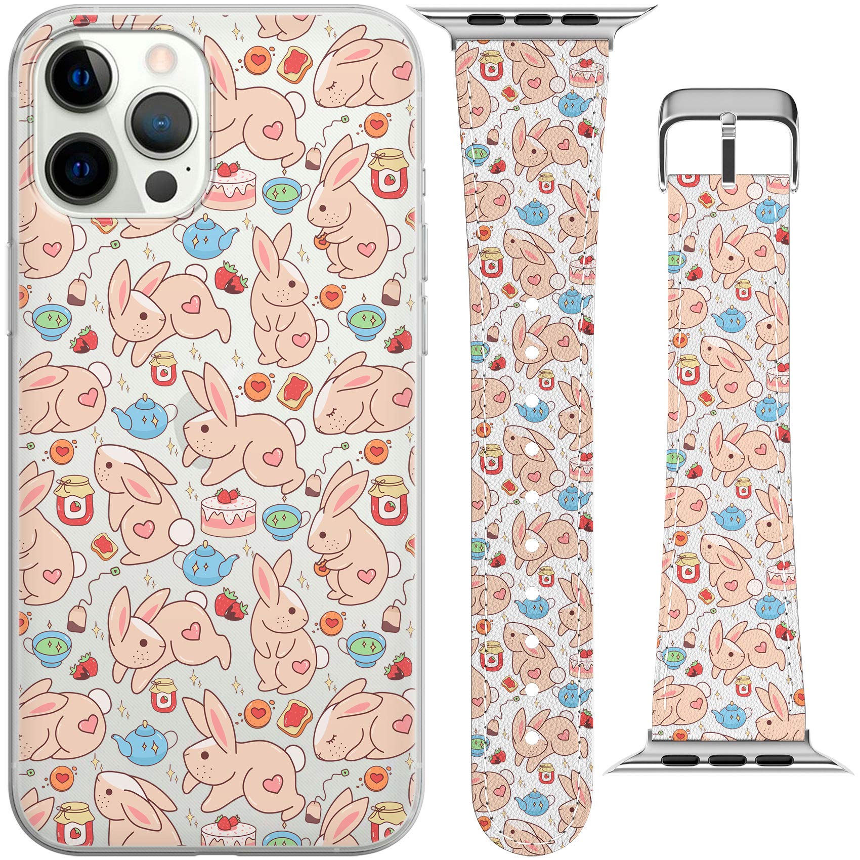 Generic Watch Band Compatible with Apple Series 7/6/SE/5/4/3/2/1 38-40-42-44-45mm Strawberry Bunny Wristband Bunnies Kawaii Durable Strap for iWatch Cottagecore Cute Kids [+Matching Phone CASE], Pink