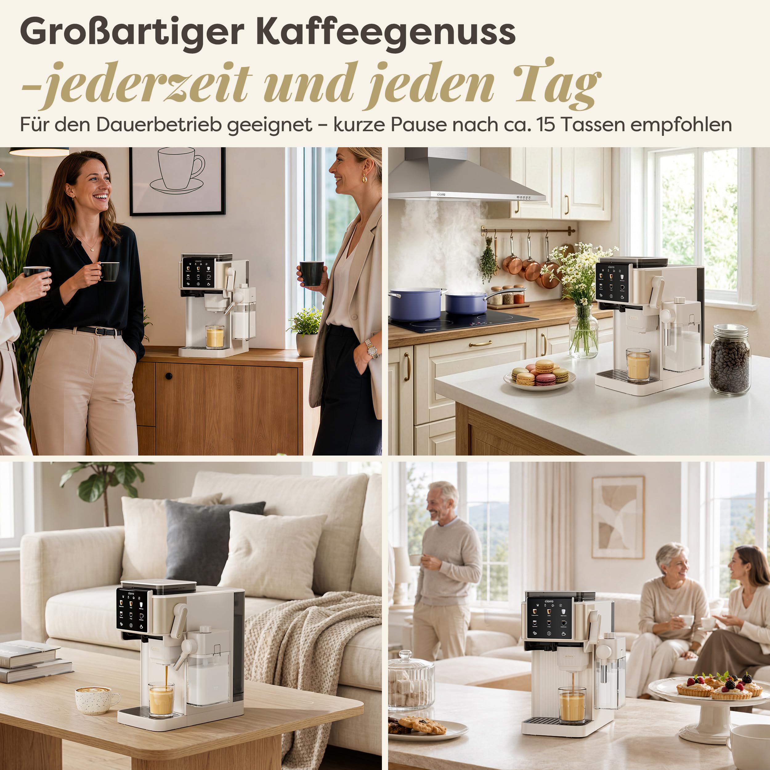 CIARRA CBSACM-D6 Kaffeemaschine mit Mahlwerk und Milchaufschäumer 15 Bar | Semi-automatische Espressomaschine mit automatisches Mahlen Tampen & Brühen, für Espresso Cappuccino, Farb-Touchdisplay