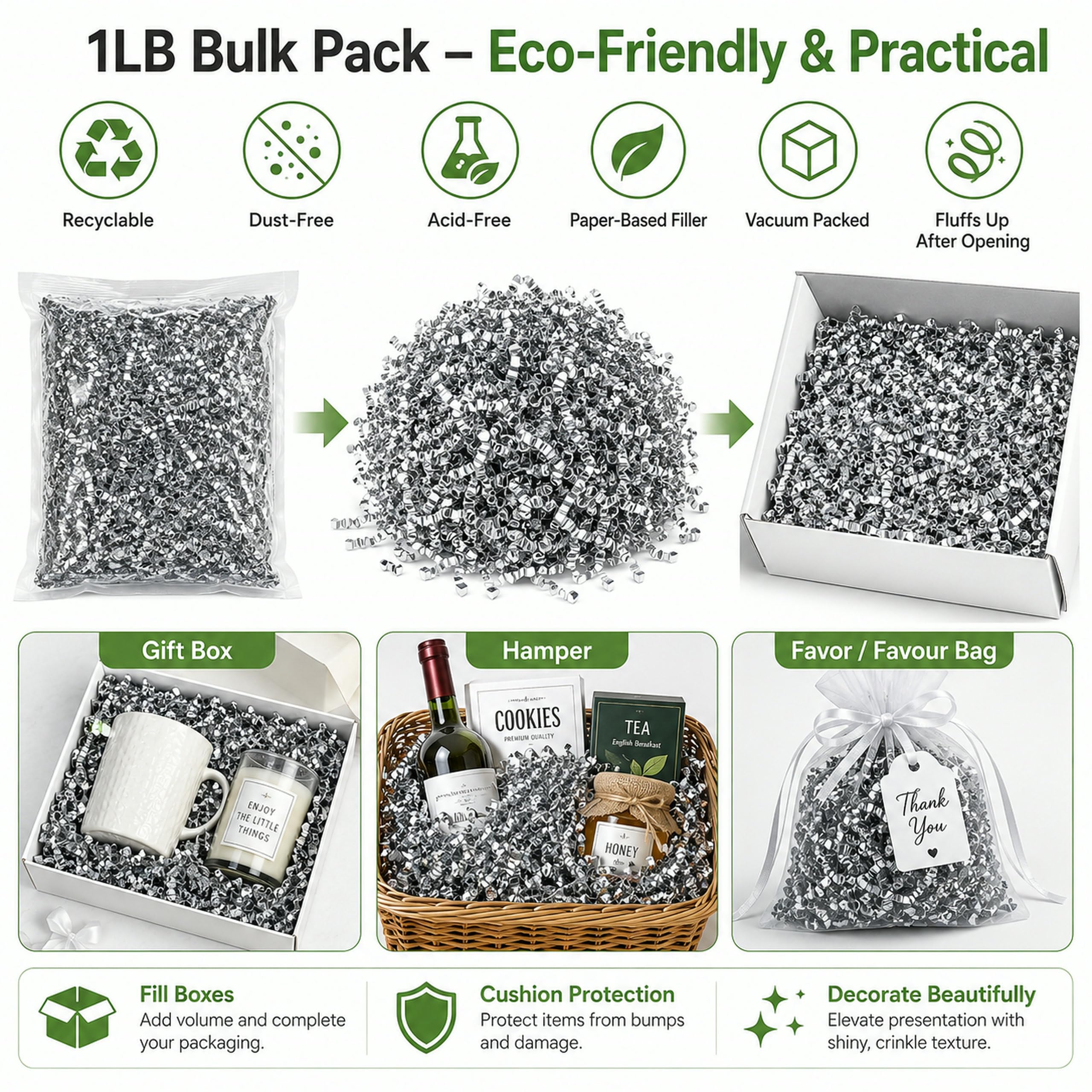 STRBOXONG 455 g Papel Triturado para Cajas de Regalo, Viruta de Papel Rizado para Relleno de Cestas, Papel de Seda Triturado para Embalaje Protector y Manualidades - Plateado Doble Cara