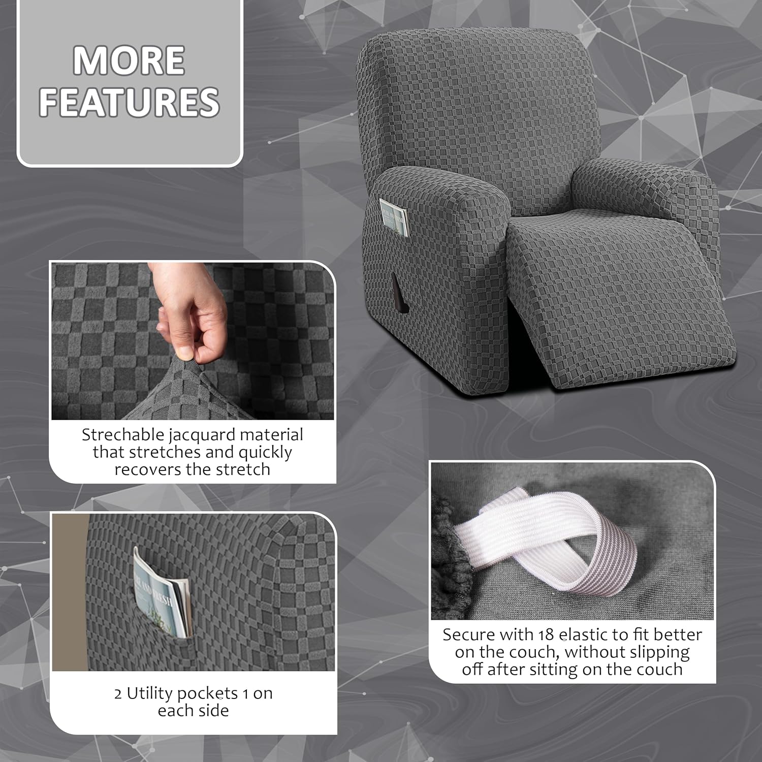 ULTICOR 8-Pieces Recliner Sofa Covers, Jacquared Stretch Couch Covers for 3 Cushion Reclining Sofa Slipcovers Thick Soft Washable (Style 2) (Dark Grey, 3 Seater Recliner Cover)