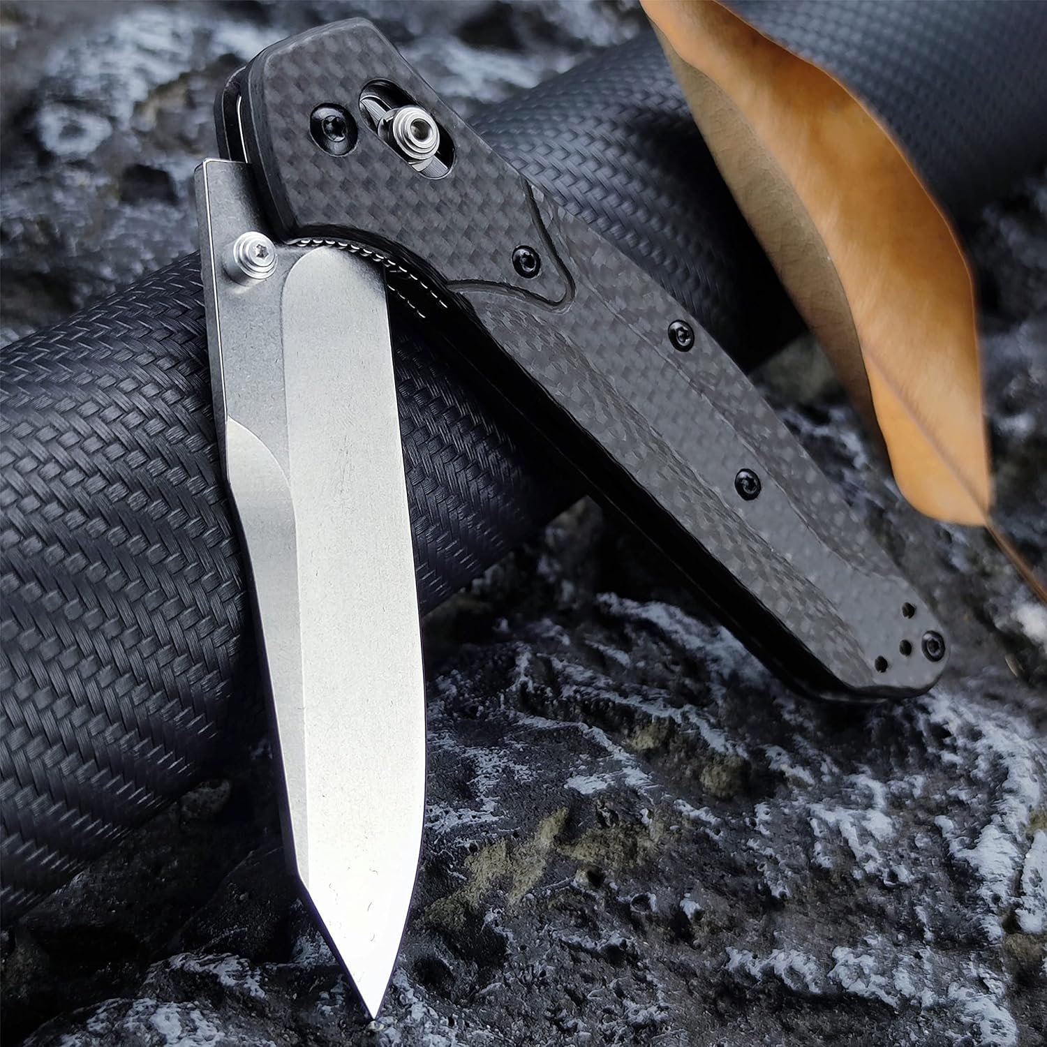 HUAAO Manually Operated Button-Lock Knife EDC Folding Pocket knives For Men, D2 Reverse Tanto Blade, Plain Edge,Satin Finish, Black Carbon Fiber Handle With Deep Carry Pocket Clip