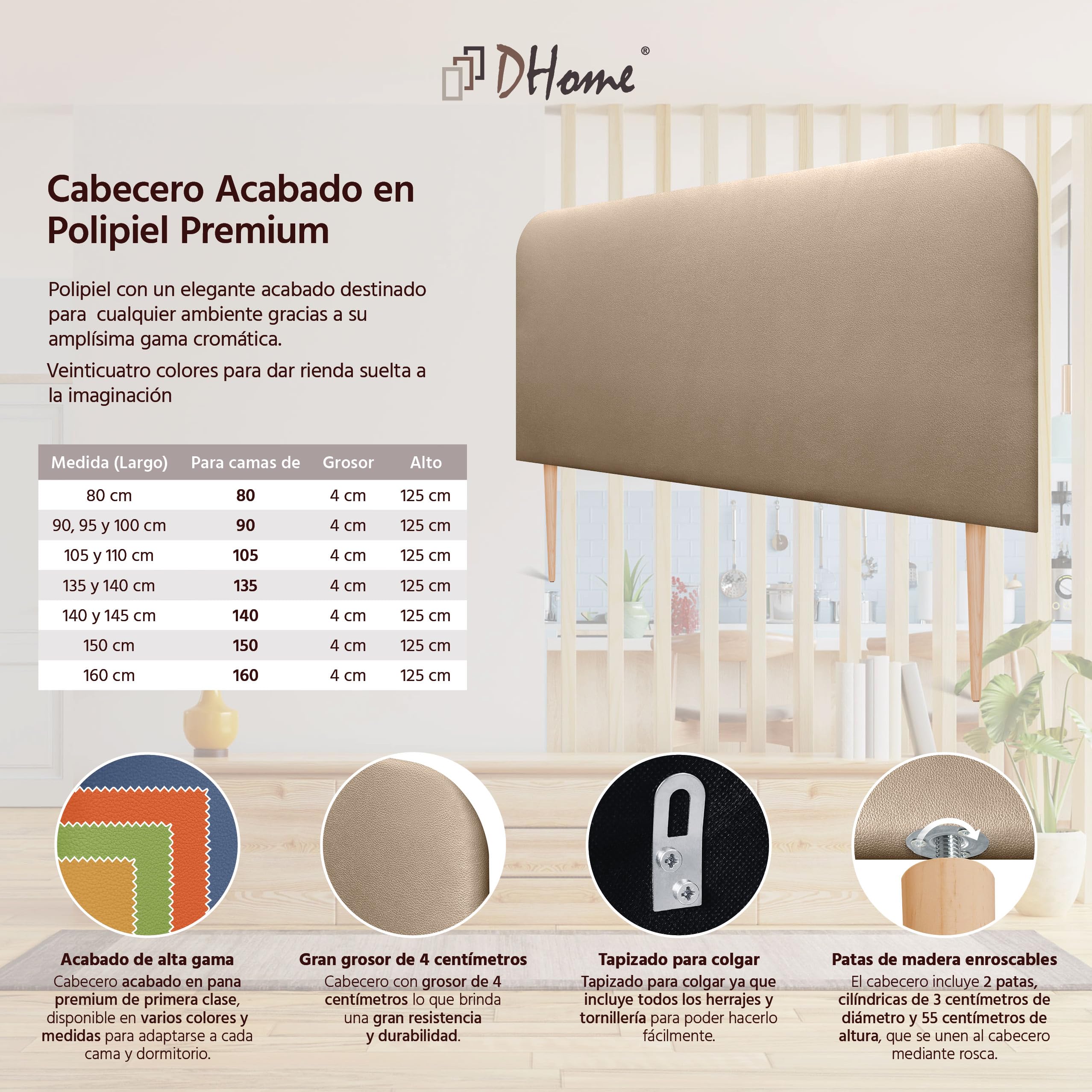 DHOME Cabecero Tapizado Liso Curvo Polipiel 70cm Altura con Patas para Pared Acústicos Cabeceros Absorbentes Cabezal Cama Dormitorio (Champán, 160cm)