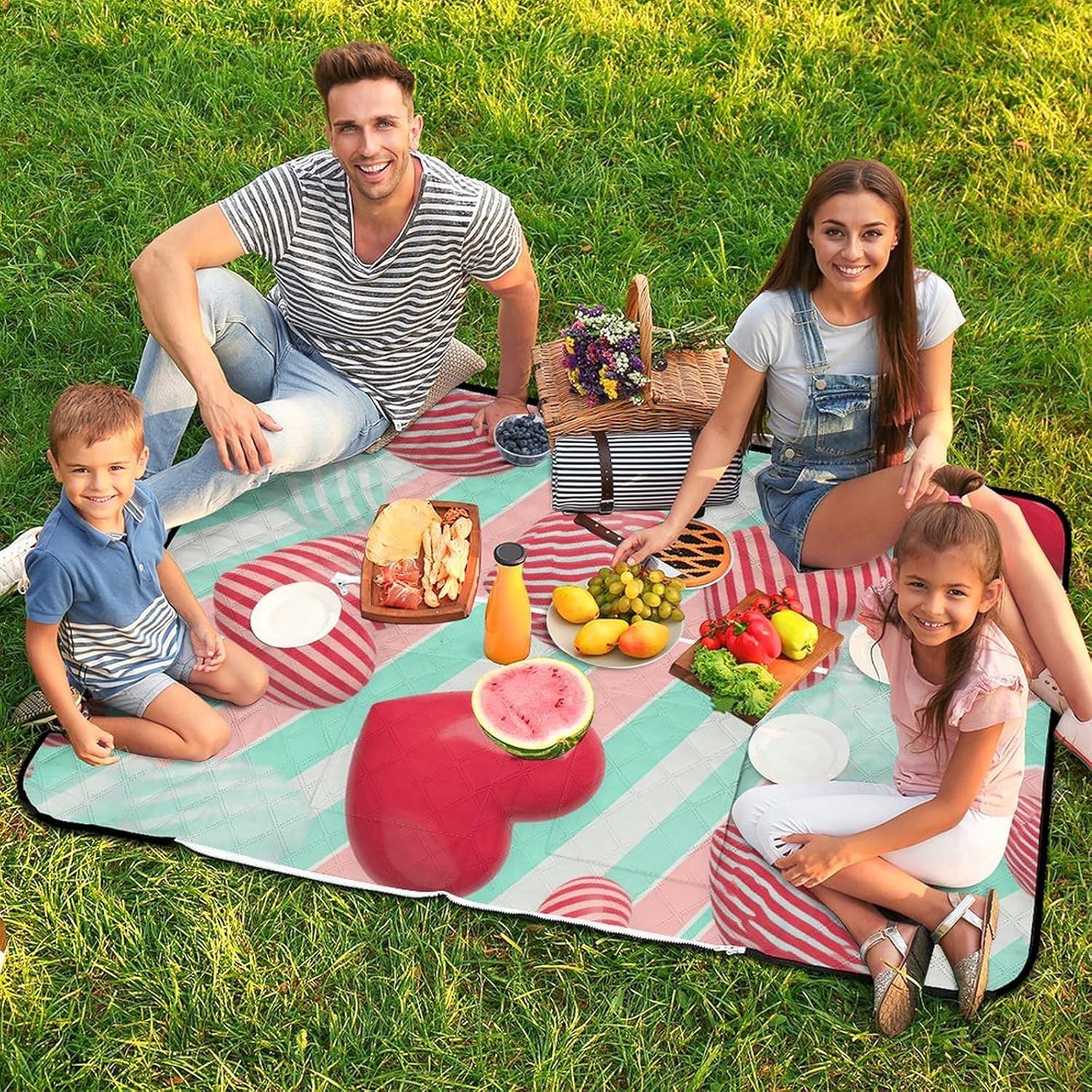 Stripes Heart Picnic Blanket 150x100cm, Foldable 2-in-1 Picnic Mat and Tote Bag Portable Waterproof Beach Mat Sandproof Outdoor Blanket for Park, Hiking, Beach, Camping, Travel