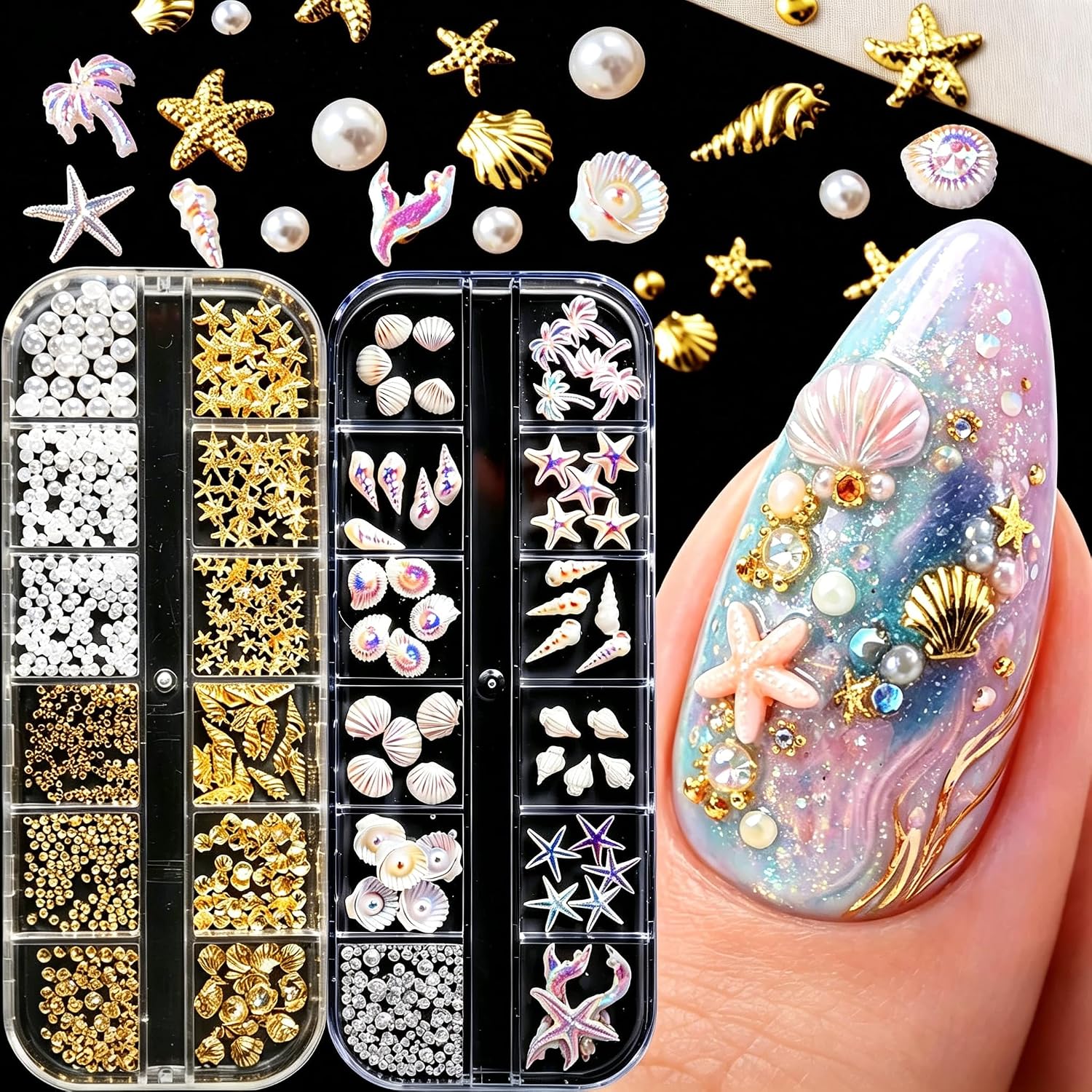 2 Boxes 3D Ocean Nail Charms Set, Aurora Mixed Seashell Starfish Mermaid Tail Conch Nail Jewelry with Gold Metal Studs & Pearls, Summer Beach Themed Nail Rhinestones Gems for DIY Nail Salon Manicure
