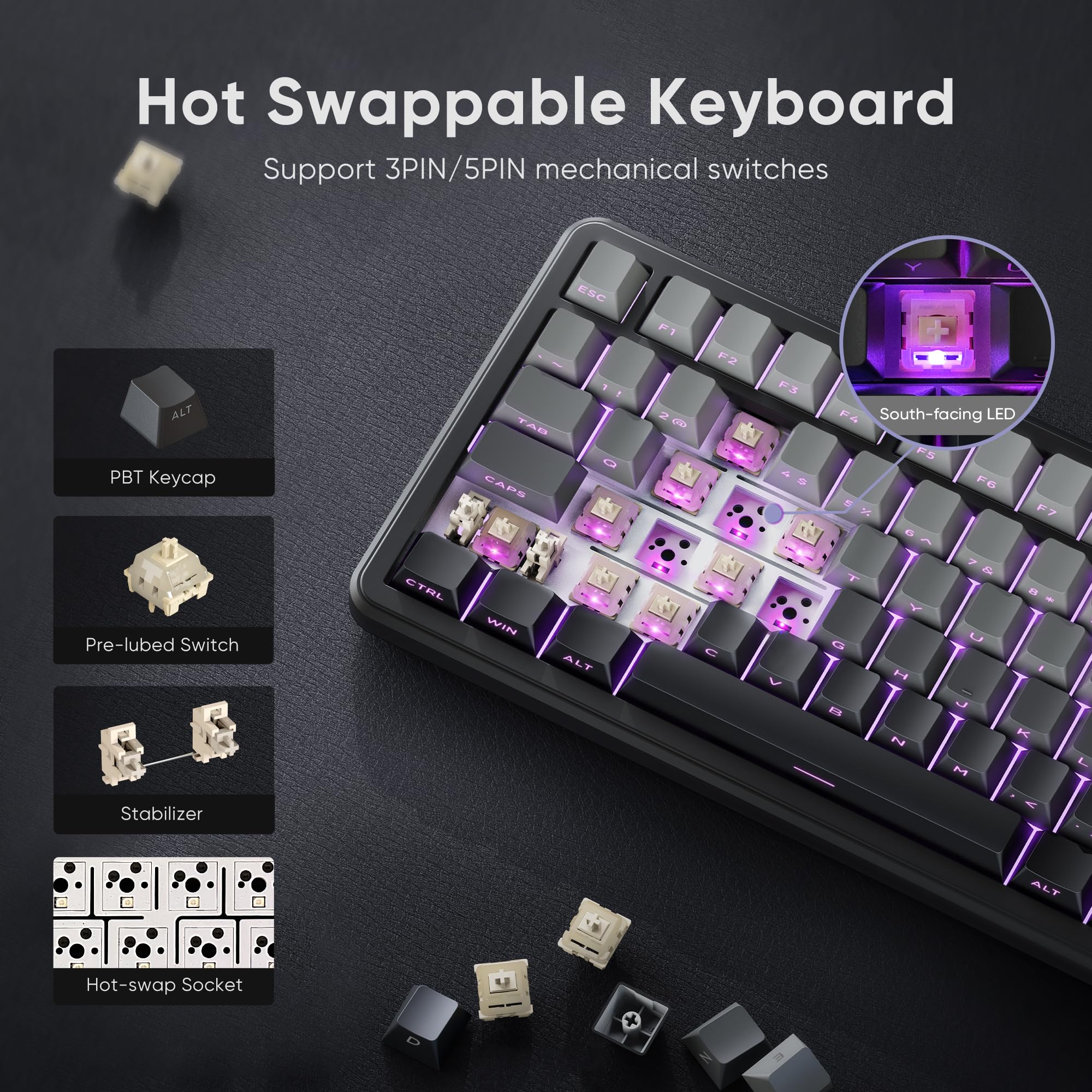 RedThunder K75 75% Wireless Mechanical Gaming Keyboard,Creamy Gasket-Mounted,Volume Knob,US Layout,Keycaps-Side Print,2.4G/BT/USB-C,RGB Underglow Lighting,Hot swappable Fast Apricot Switch for PC Mac — view 6
