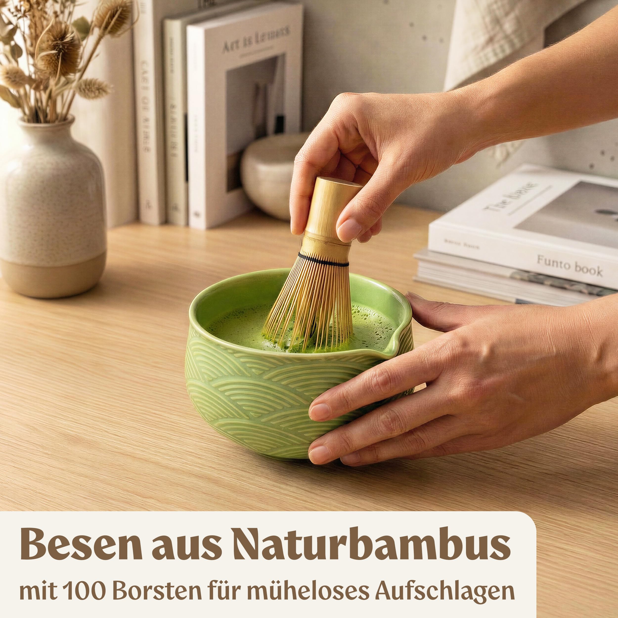 EDELHAUS Matcha Set (7 Teilig) Matcha Schale mit Besen, Sieb, Löffel - Einzigartiges Design Ceremonial Grade Matcha Tee Set (Grün)