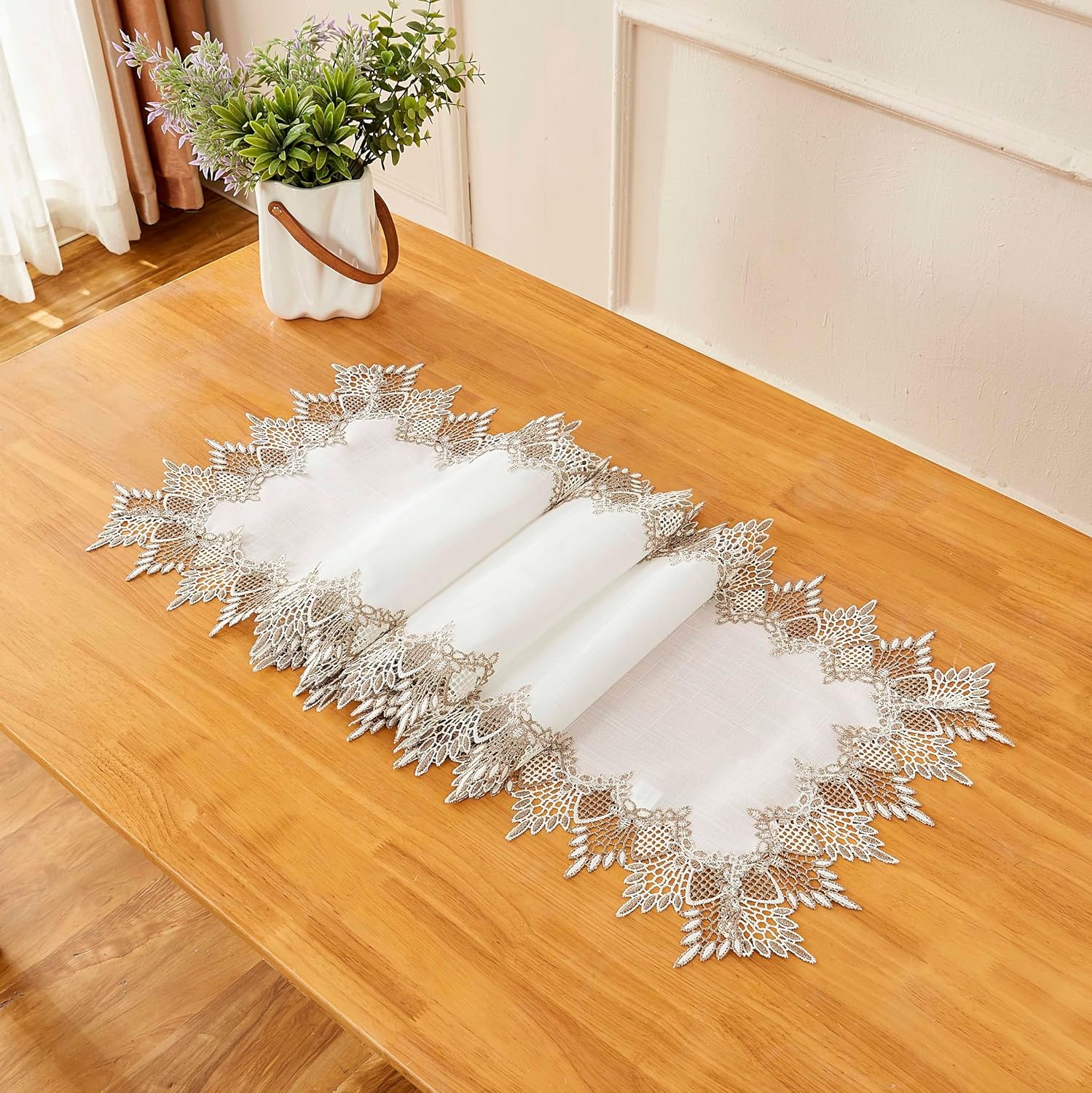 White Linen Table Runner 90 inches Long, Neutral Earth Tones Beige Lace Vinyl Dresser Scarf for Kitchen Coffee Table Wedding Party Home Decor (White, 16”x90”)