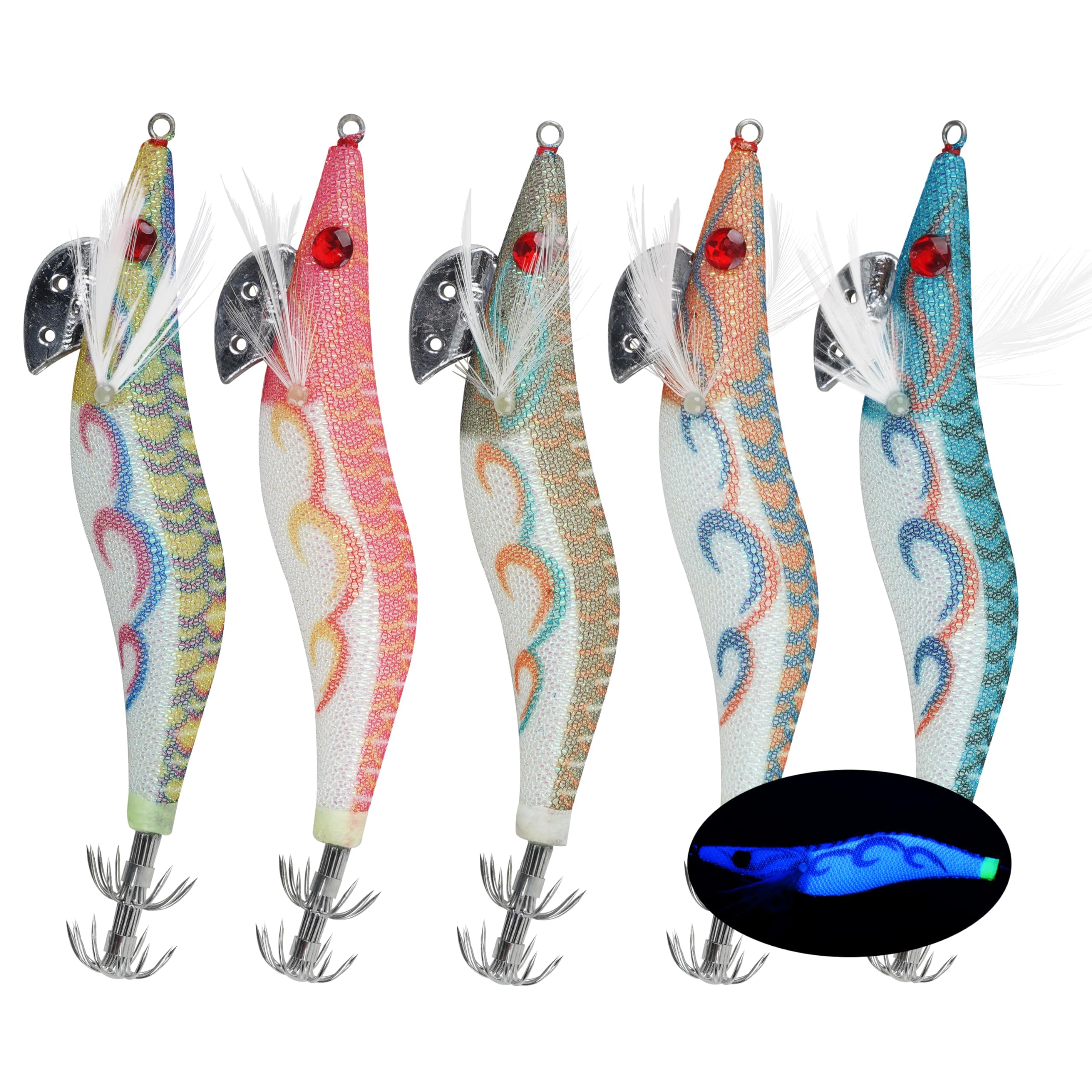 OROOTL Squid Jig - Cebo de pesca para pesca de camarones para pesca de tihtenfish, cebo artificial luminoso, anzuelo de pesca de agua salada