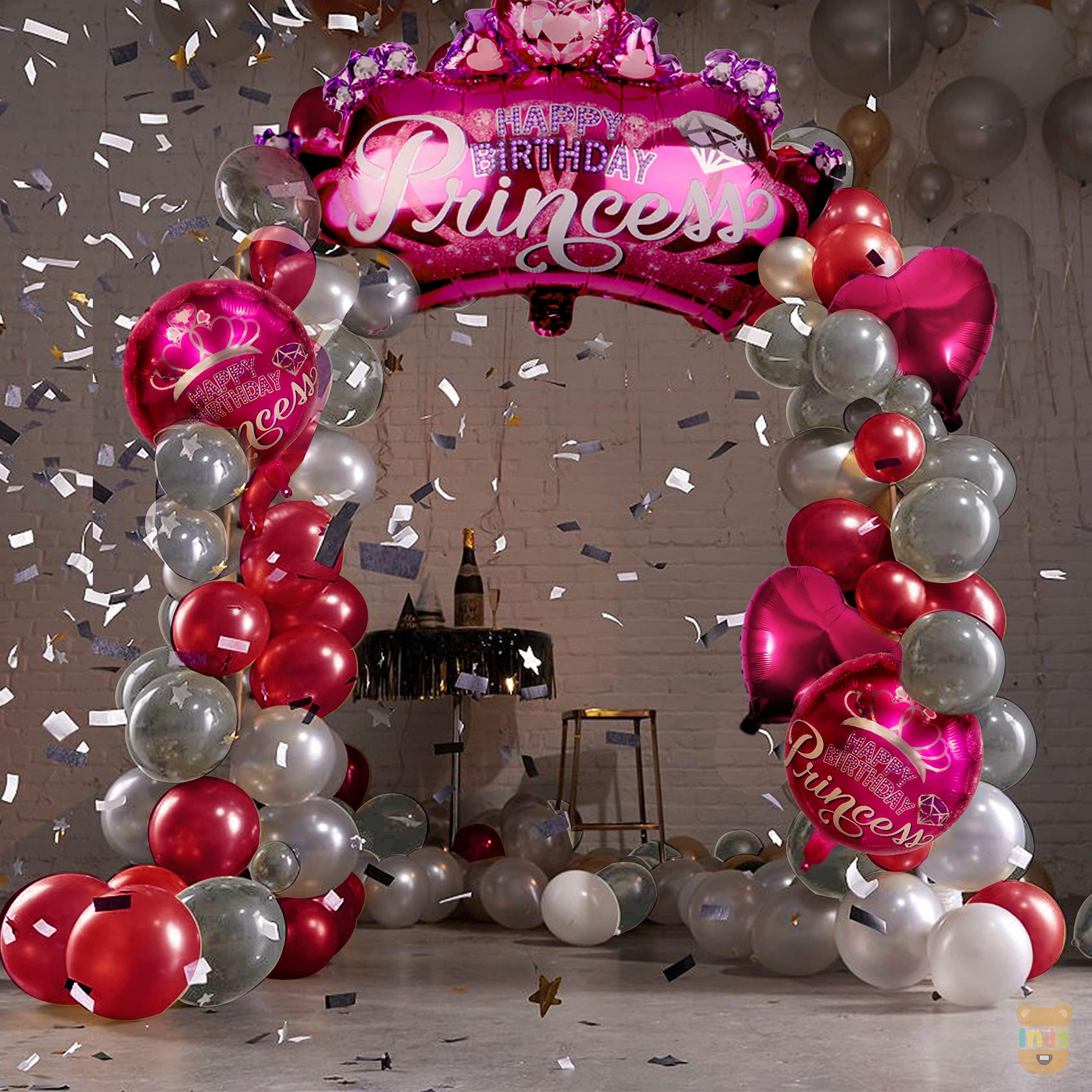 Just Party Set of 35Pcs New Born Baby Girl Welcome Decoration Kit-1 Princess Crown Pink ,2 Star ,2 Printed Round Happy Birthday Princess Foil Balloons,10White 10 Silver & 10 Rosegold Mettalic Balloon