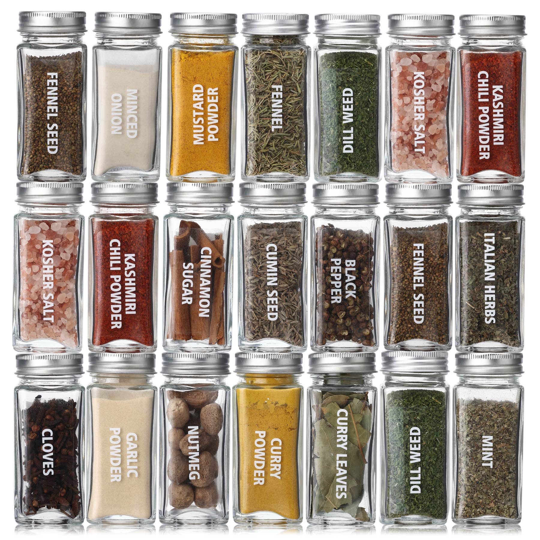 Antimbee 28 Pcs Clear Glass Spice Jars,3.5 oz Glass spice jar with 324 labels, Funnel,Chalk Pen,Shaker Lids and Airtight Metal Caps, Empty Square Spice Bottles for Spice Rack, Cabinet, Drawer