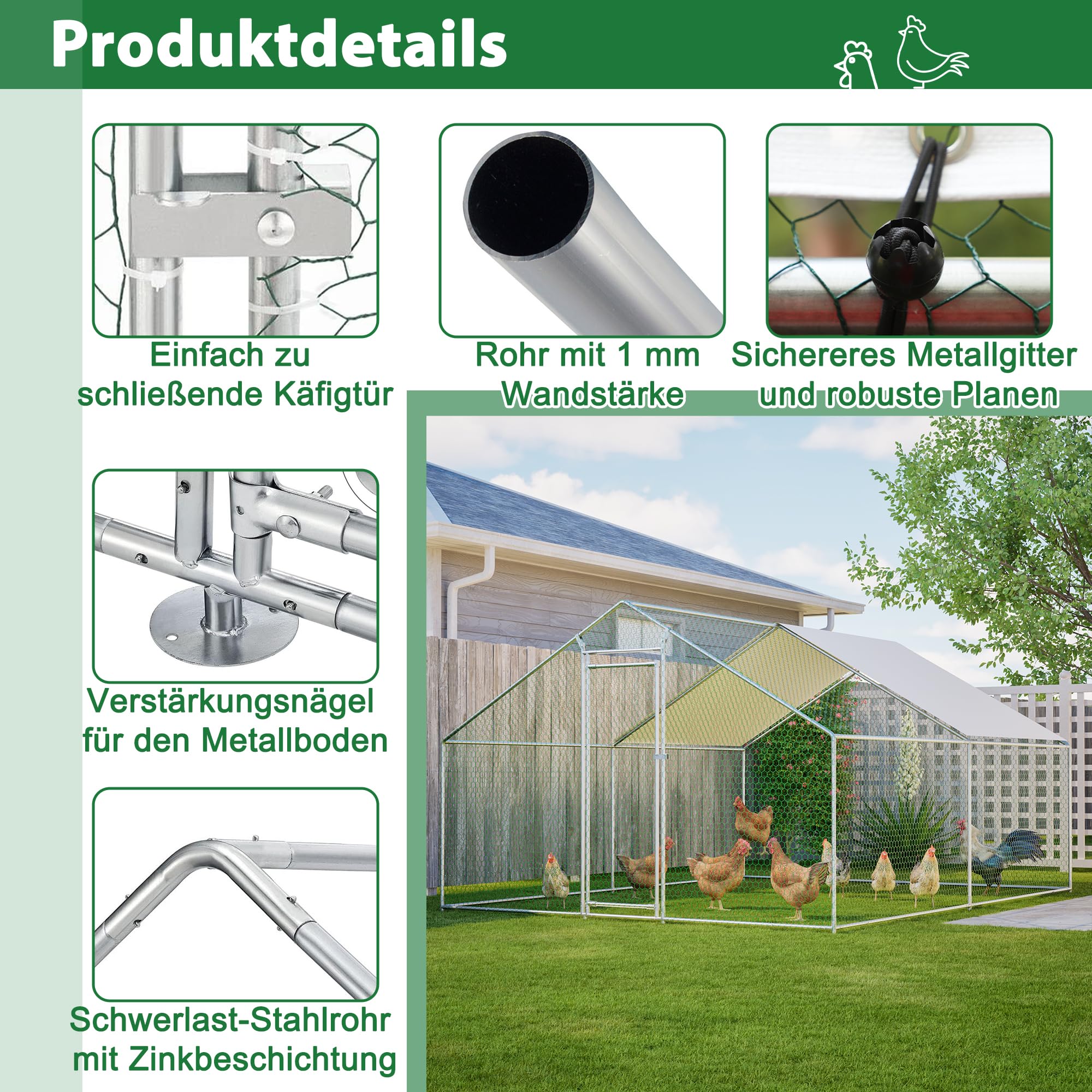 Aviario metálico de 3x4 m con Estructura de Escalada integrada, Techo y Cerradura de Seguridad. Gallinero Resistente a la Intemperie con un Amplio Corral para Animales pequeños y Aves de Corral.