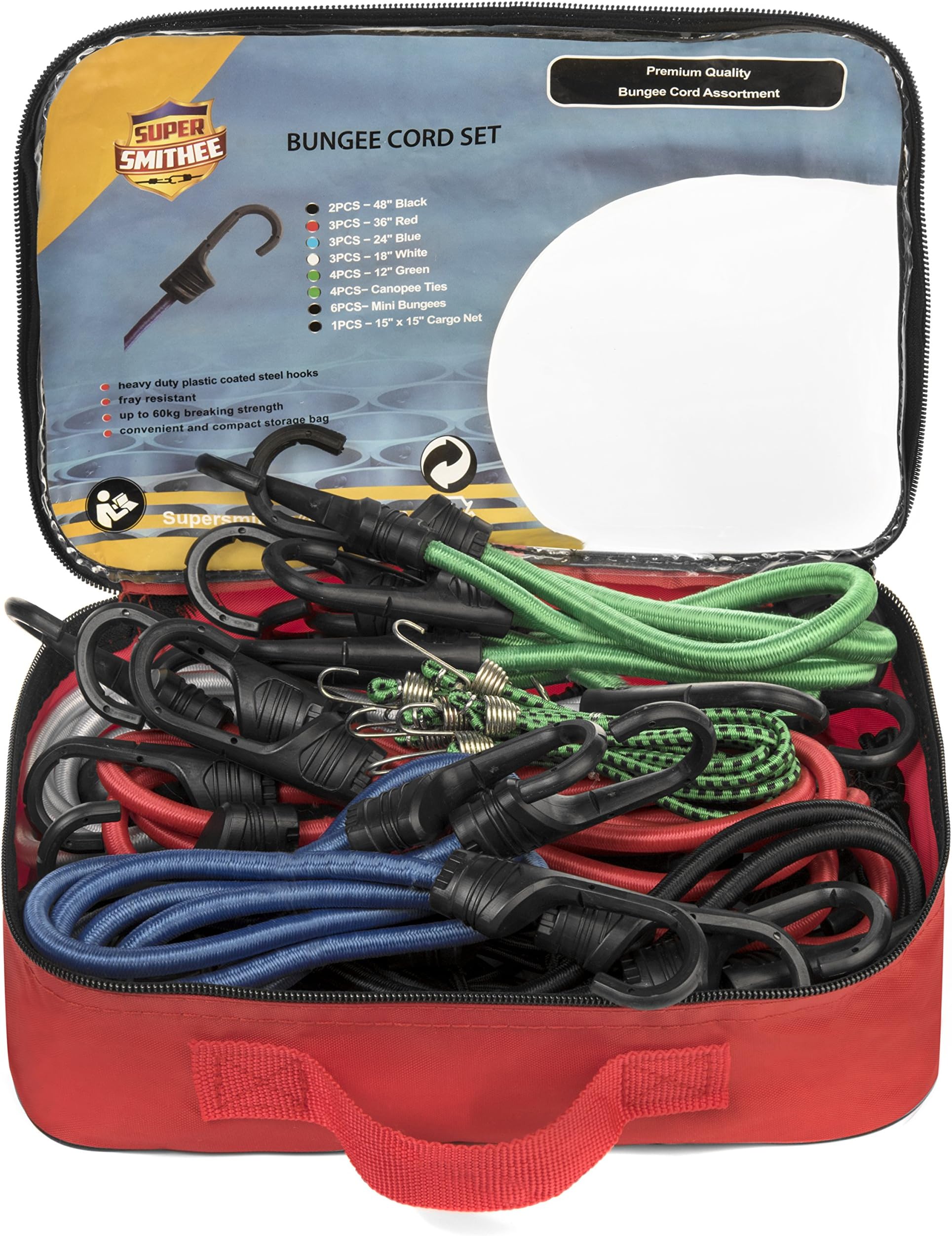 Heavy Duty Bungee Cords with Hooks Proudly Made by SUPER SMITHEE 27 Piece Securing Straps for Luggage Durable Metal Clip Fasteners with Robust Tie Down Fiber