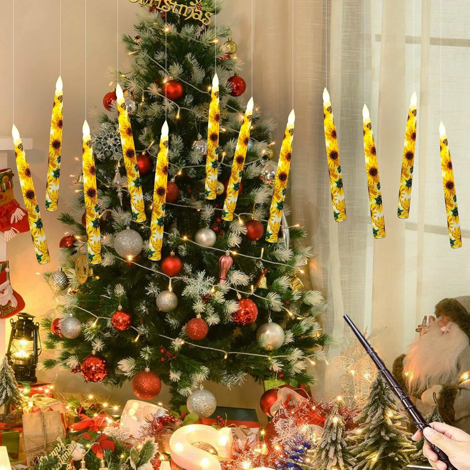 12PCS Floral Flameless Taper Candle Sunflower LED Magic Hanging Candlestick Floating Candles with Remote Timer Battery Operated Taper Candles with Flowers for Home Wedding Garden Party Decor