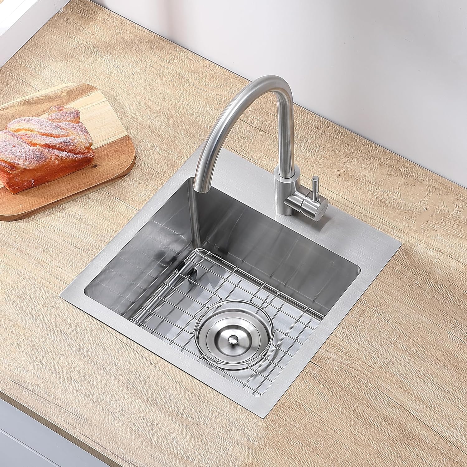 VAPSINT 15x15 Inch Drop In Bar Sink, Topmount Single Bowl Handmade 16 Guage Stainless Steel Small Kitchen Sink for Wet Bar Prep RV Outdoor with Grid & Drain Strainer