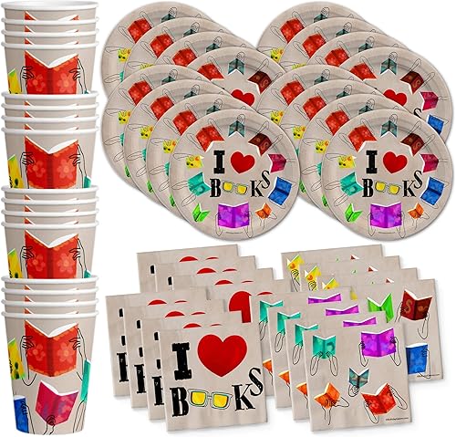Books Book Club - Juego de suministros para fiesta de cumpleaños, platos, servilletas, tazas, vajilla para 16