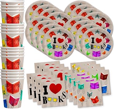 Birthday Galore Book Club Birthday Themed Party Supplies for Kids and Adults - Ideal Celebration Tableware Set with Plates, Napkins, Cups Quick Colorful Setup Decoration For All Events - Kit for 16