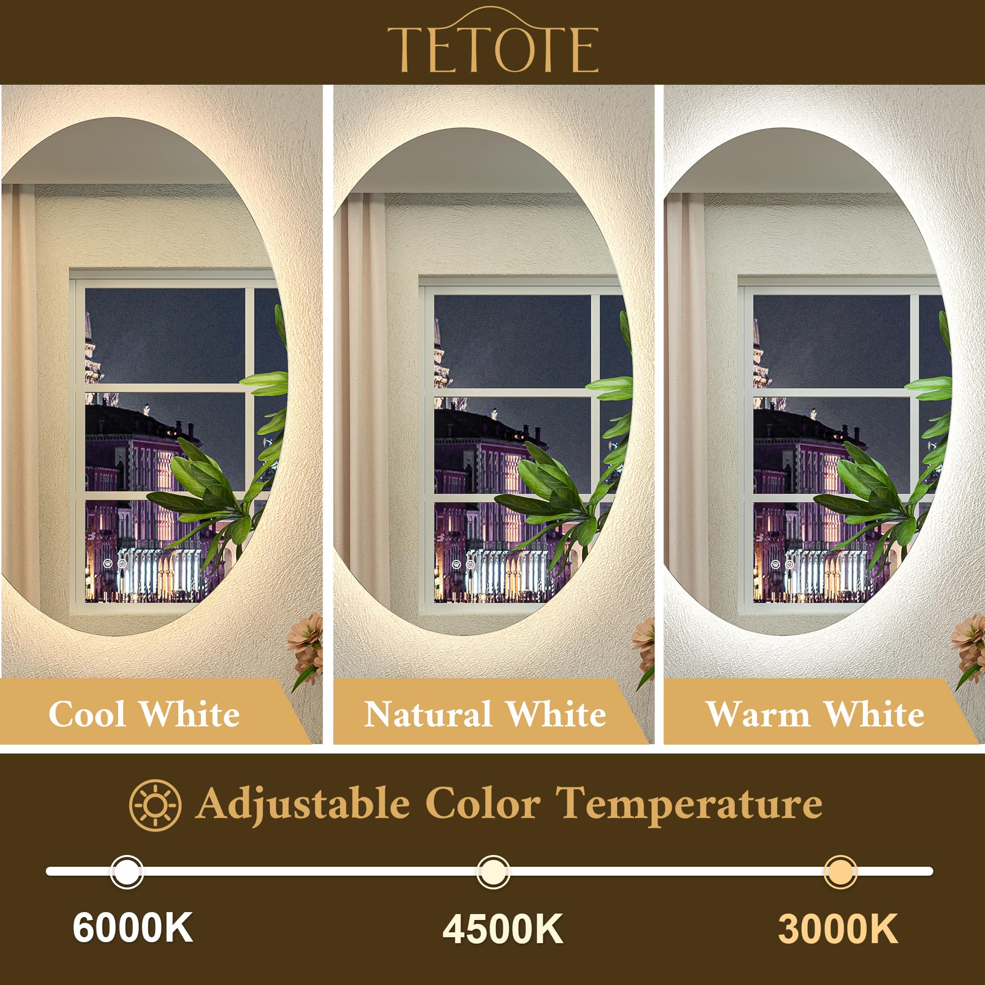 TETOTE Ovaler LED-Spiegel für Badezimmer, 22 x 30 cm, 3 Farben, weiß/warm/natürliche Hintergrundbeleuchtung, dimmbar, beschlagfrei, Kosmetikspiegel mit Lichtern für Make-up, Wandmontage, beleuchteter