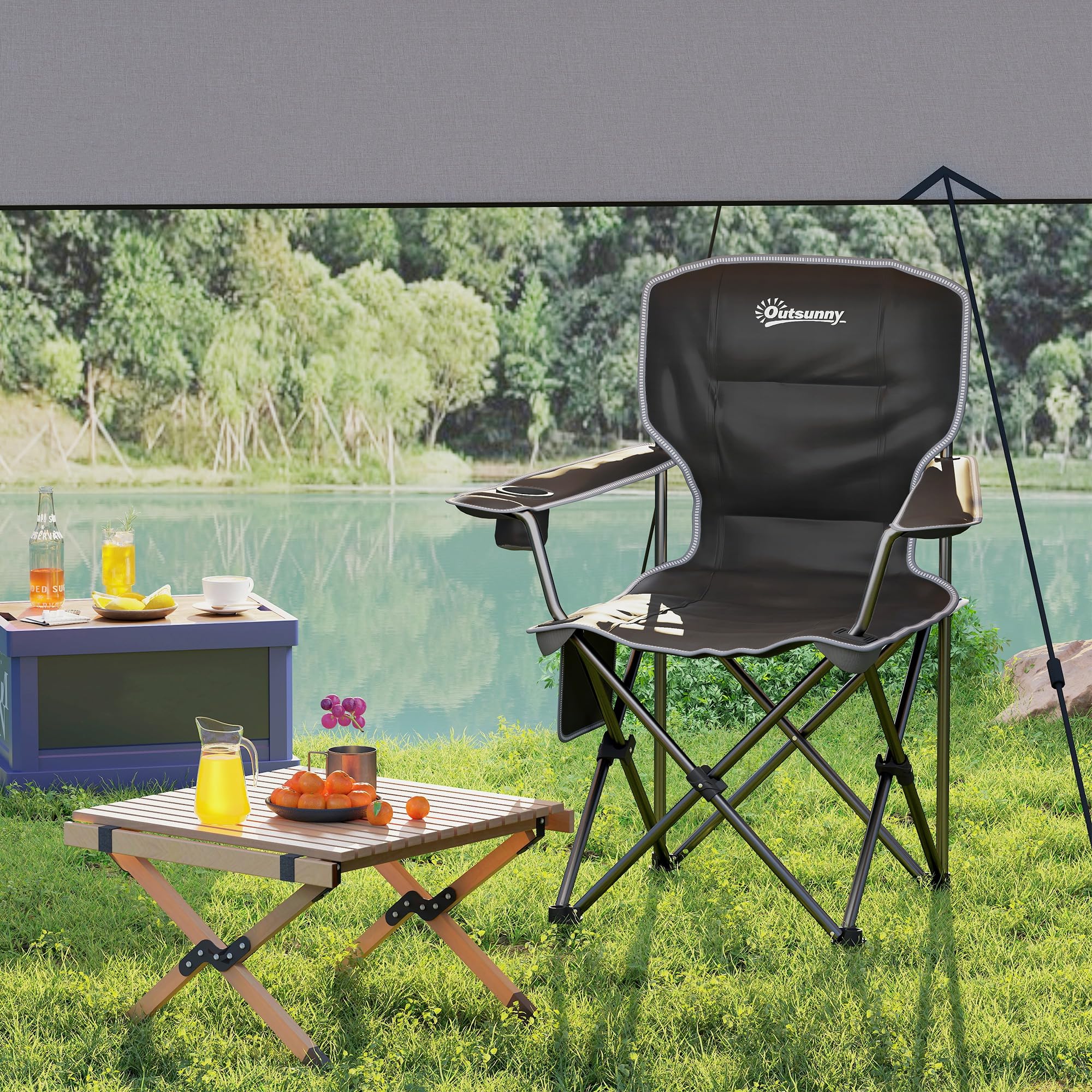 Outsunny Chaise Pliante Camping, Chaise de pêche Portable, siège rembourré, Porte-gobelets, Poches latérales et Sac de Transport, Fauteuil Pliant pour randonnée, pêche, Plage et Pique-Nique, Noir