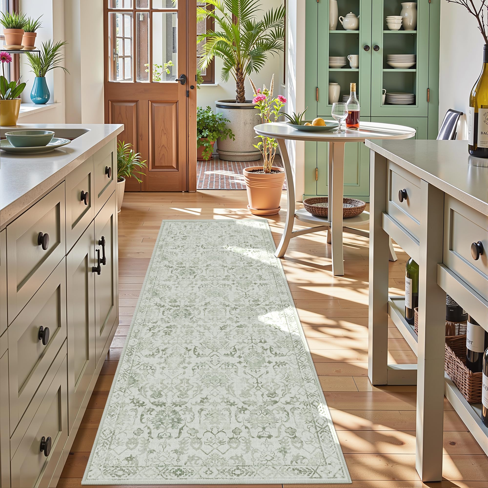 Sage 3x10 Runner Rug for Hallways Bed Side Kitchen, Boho Washable Distressed Low-Pile Floor Entryway Long Bathroom Mat, Non-Slip Laundry Room Washstand Front Carpet Green 36x84 Inch