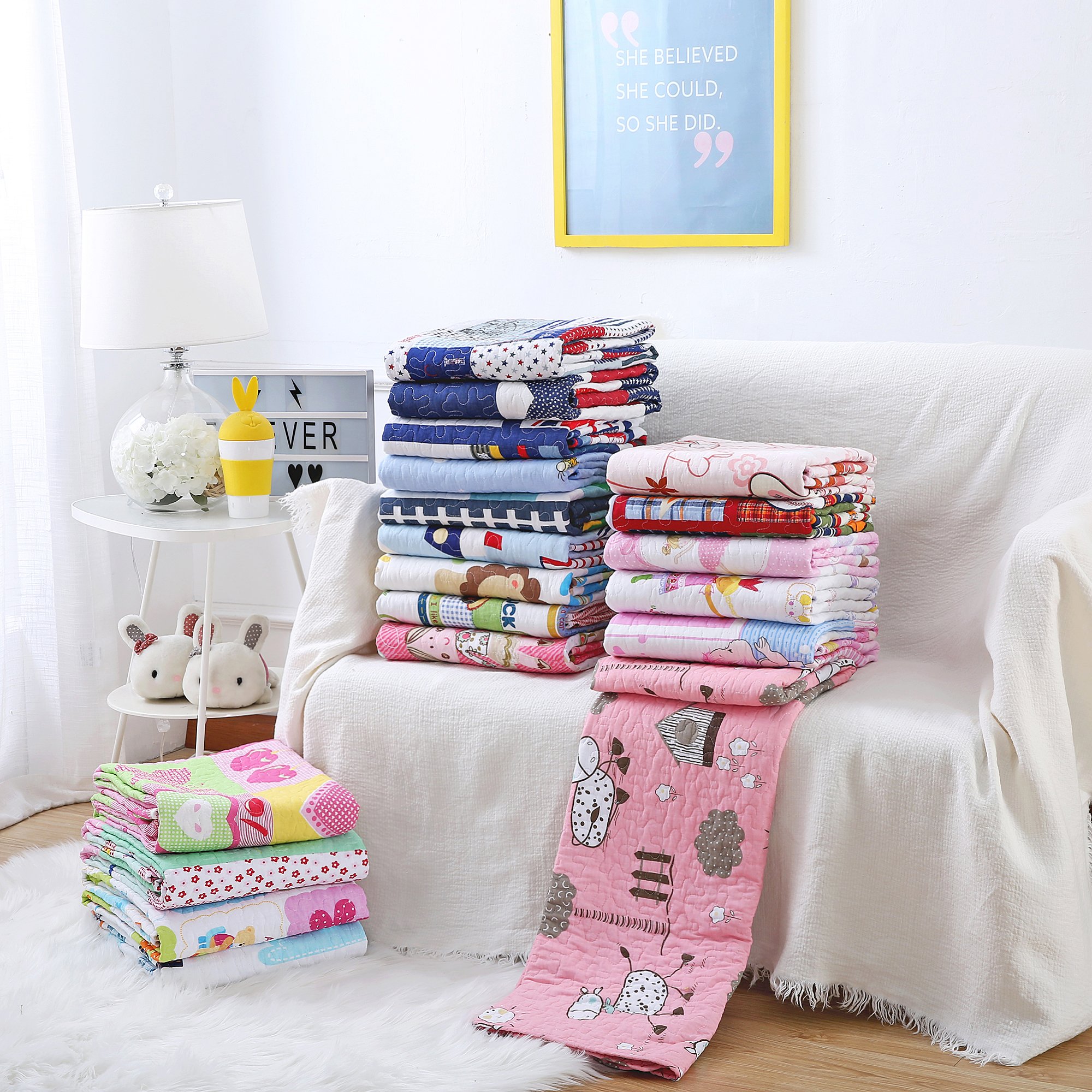 Ustide trapunta reversibile per lettino da bambini, in cotone, Cotone, Gilrs With Pigtail, 43"x51"