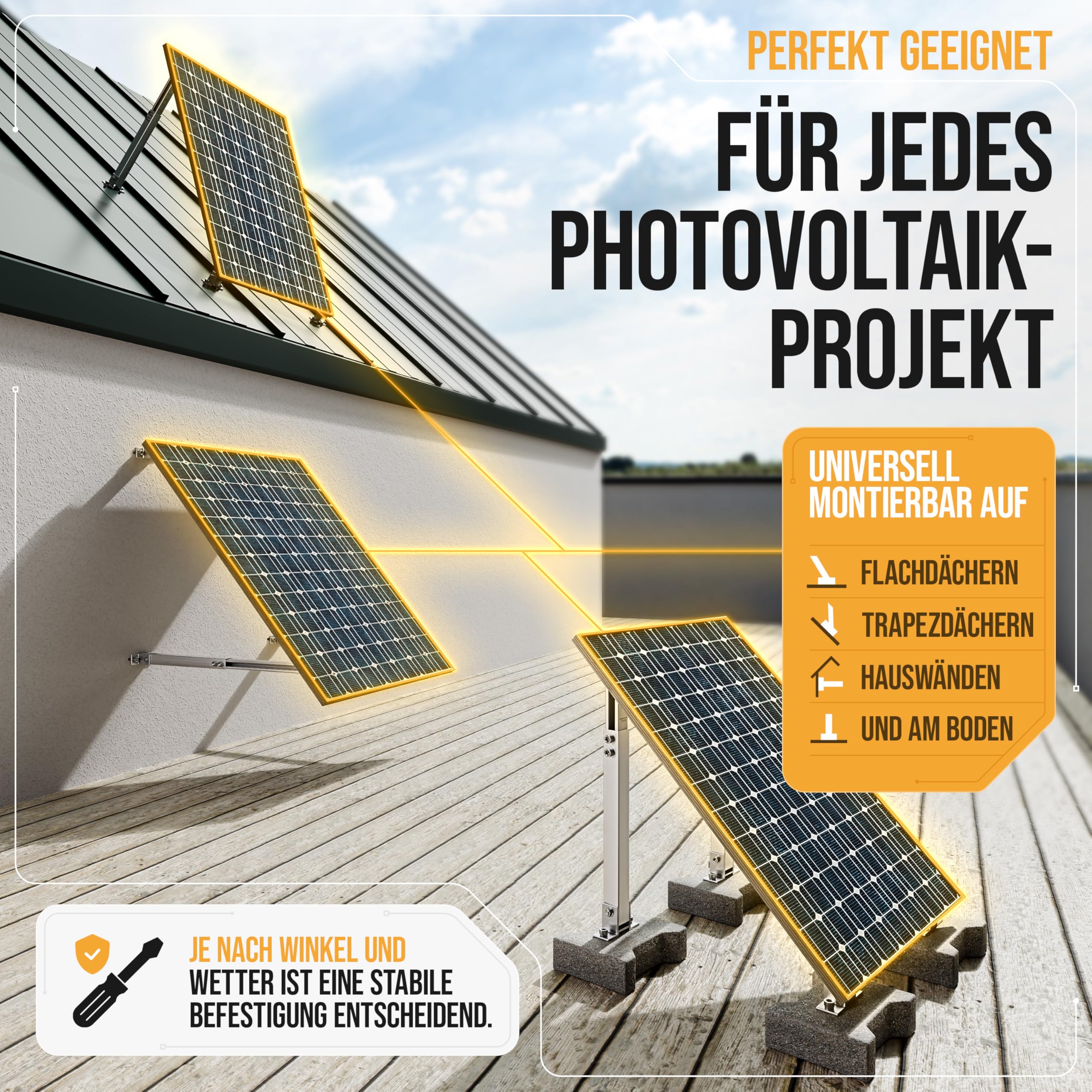 4x Balkonkraftwerk Halterung verstellbar. 0% MwSt. Stabiles Aluprofil mit Edelstahlschrauben. Für Flachdach, Wand etc. Aufständerung für 2x Solarmodule. Verstellbar zwischen 42 und 70cm - Lichtblicker
