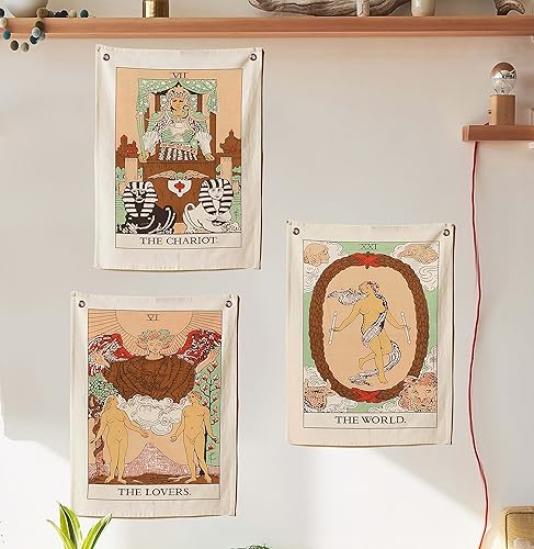 Miniatura 1 de Tapiz de bandera del tarot The Chariot The World and The Lovers - Tapiz de algodón bohemio hecho a mano para colgar en la pared con ojales de acero