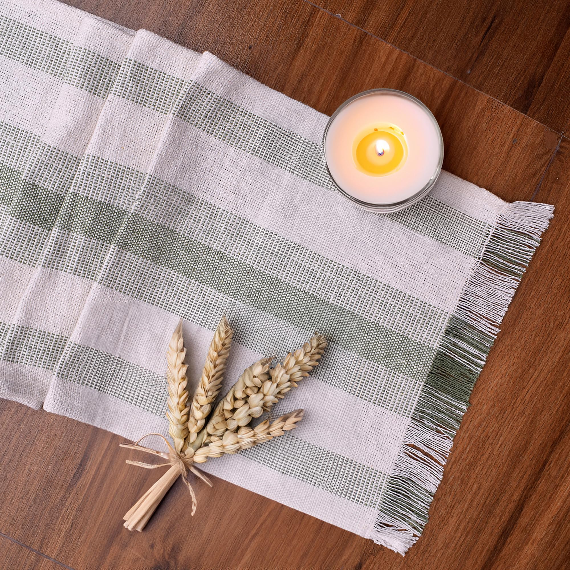 Boho Farmhouse Striped Table Runner 72 Inch Long for Dining Table, Wedding, Dresser Decor - Natural Cotton Tassle Rustic Striped Table Decoration - Ivory/Green