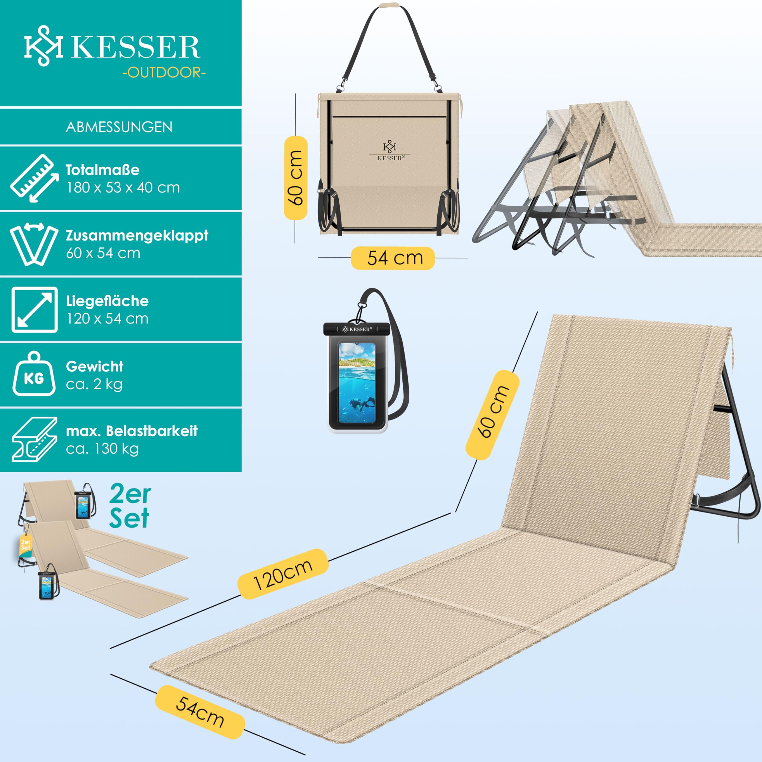 KESSER Matelas De Plage Pliable Avec Dossier Réglable - Chaise Longue Portable 130kg - Sac Étanche