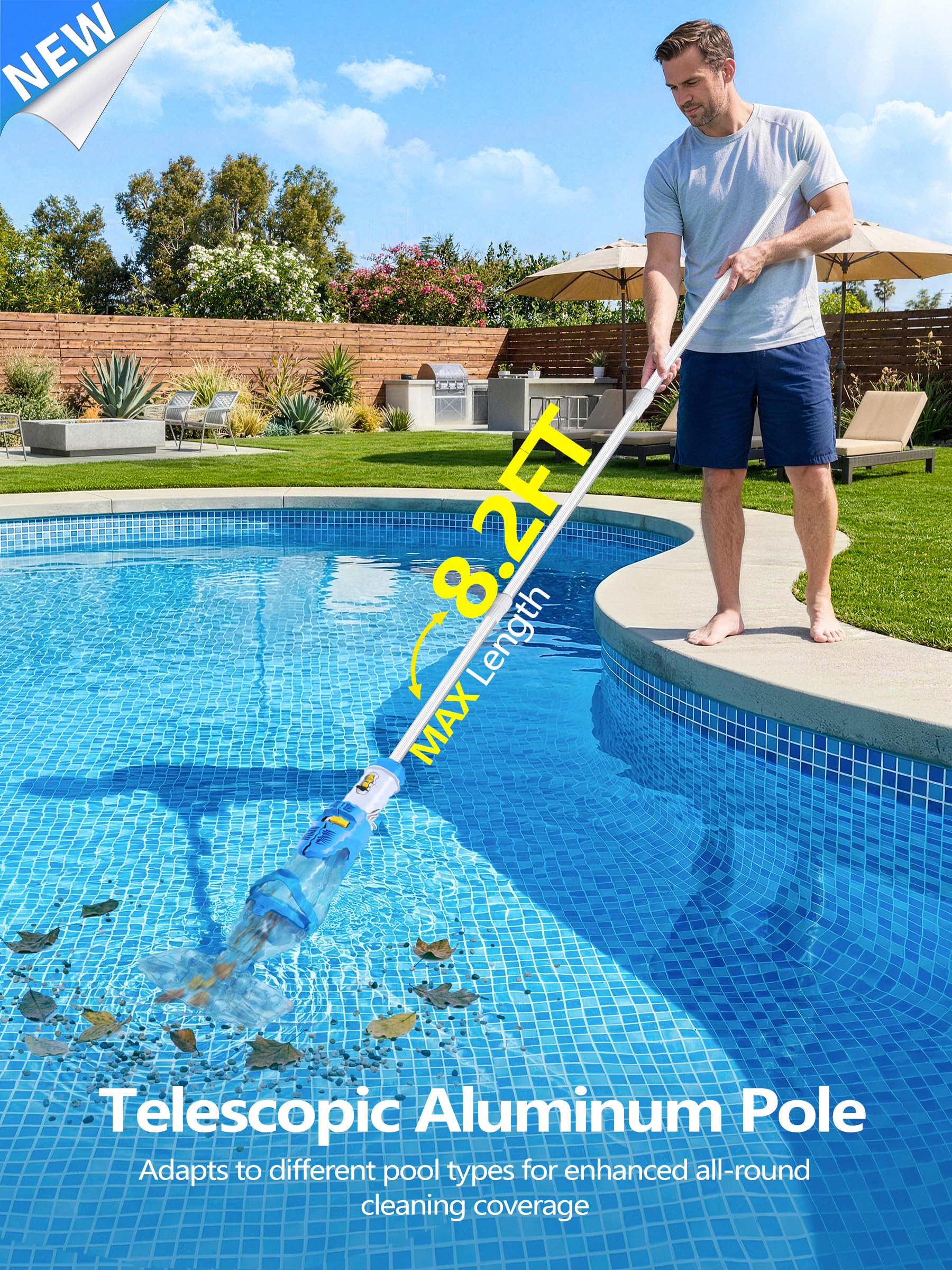LanOcean Poolsauger Akku Handsauger, 2 Saugleistungsmodi Poolsauger Bodensauge Absaugung bis zu 4300L/H, Pool Staubsauger mit Teleskopstange, 70min Laufzeit Akku Pool Sauger Kabellos für Spas Pools