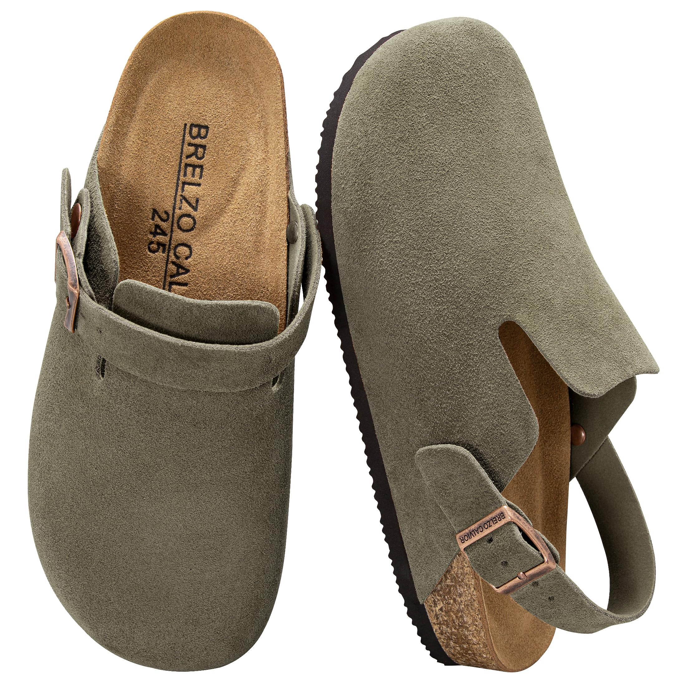 Brelzo Calvior Suede Clogs for Women Men Leather Mules Soft Potato Shoes Slip On Slipper Sandals with Arch Support & Adjustable Buckle, Non-Slip