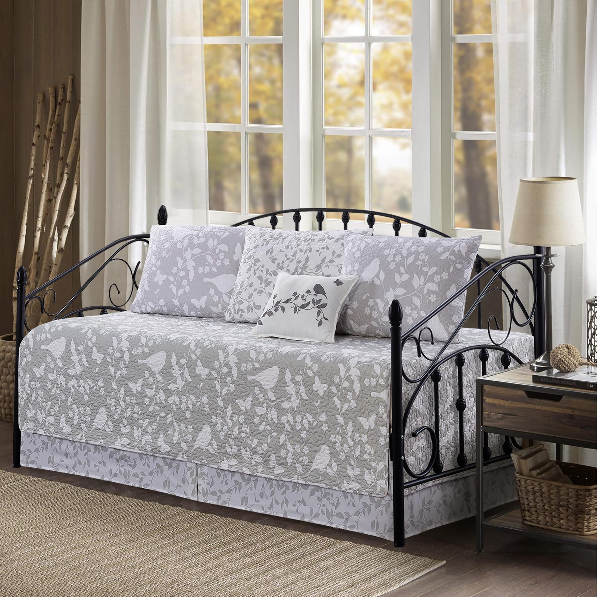 6 Piece Reversible Microfiber Bird Leaf Printed Daybed Cover Set, All Season Luxury Bedding with Bedskirt, Matching Shams, Decorative Pillow, 75"x39", Grey