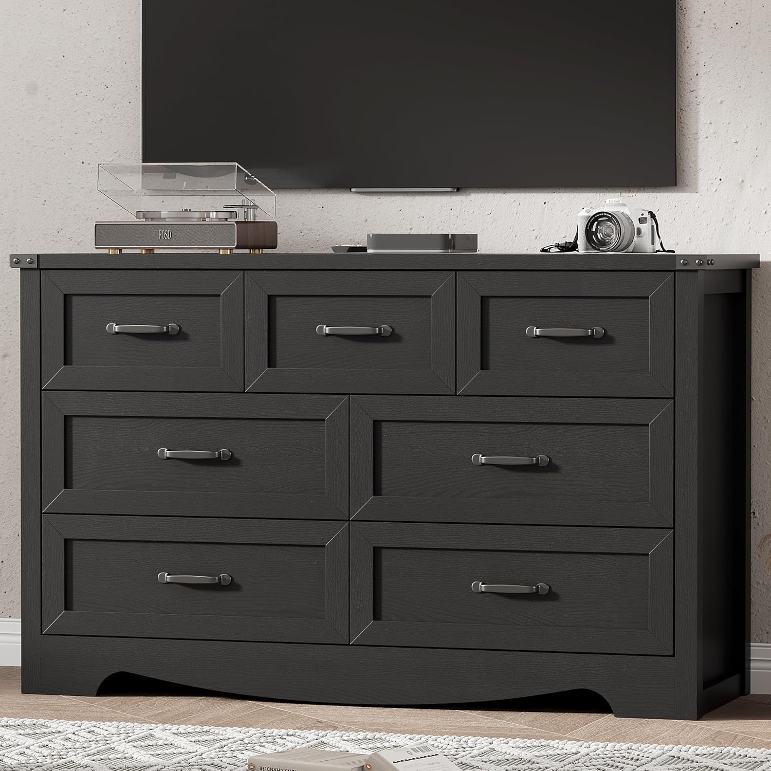 Dresser for Bedroom with 7 Drawers, 58" Wide Wood Chest of Drawers with Deep Drawers & Mental Handle, Modern Dresser TV Stand, Wooden Closet Storage Organizer for Living Room, Hallway, Entryway, Black - Image 7