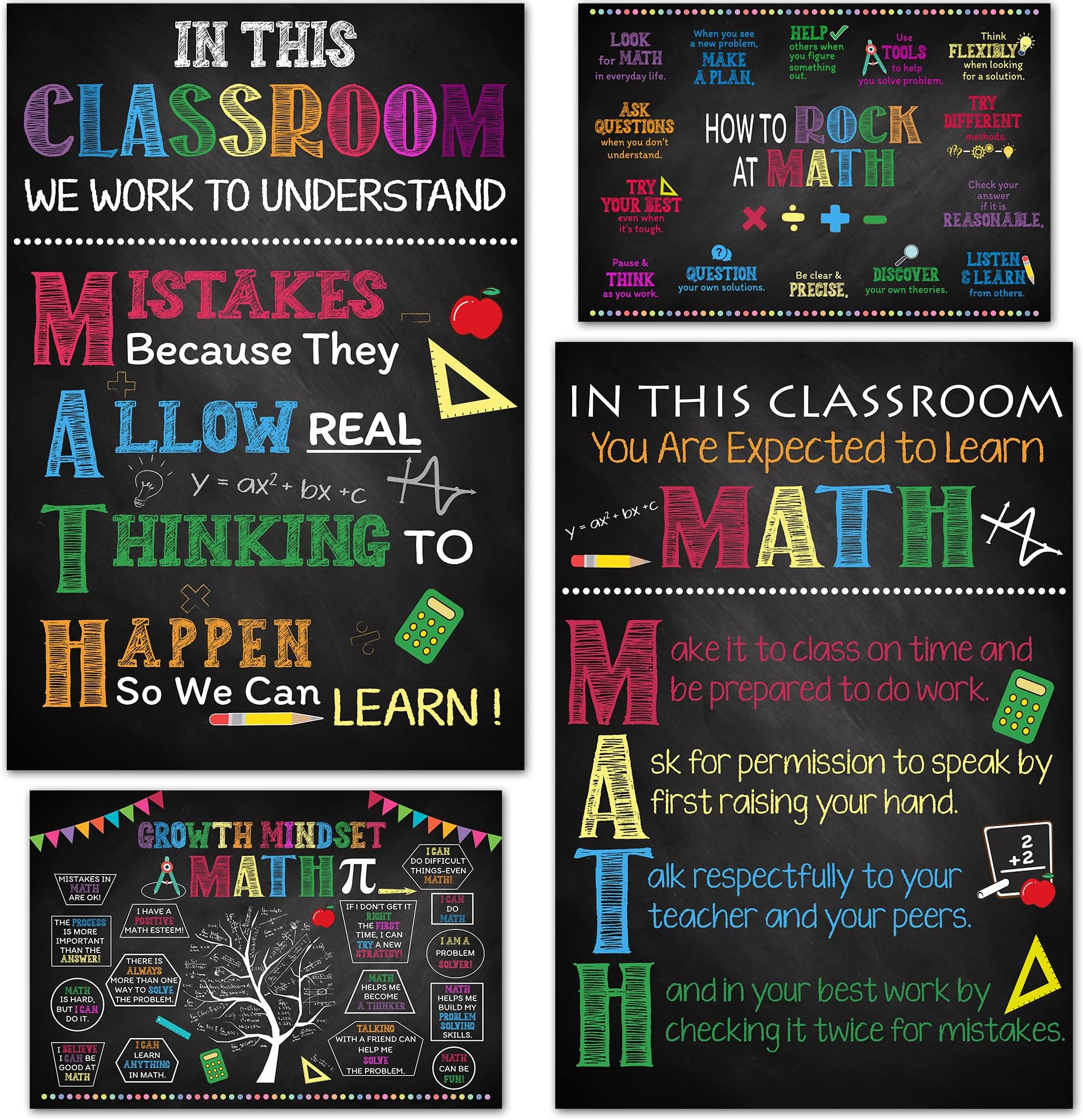 4 Pcs Math Posters (11"x17") - Math Classroom Supplies for Teachers, Decorations for Elementary, Middle, and High School, Mathematics Education, Essential Classroom Signs Must Haves
