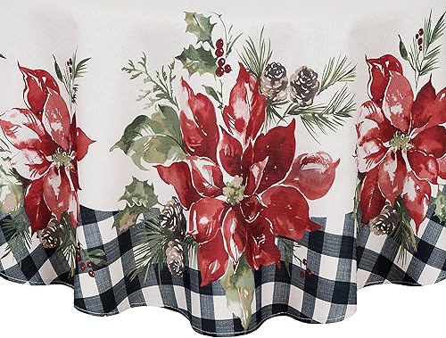 Miniatura 4 de Newbridge Mantel de tela navideña con borde de cuadros de Pascua festivo, fácil cuidado, mantel de liberación de manchas, 70 pulgadas, redondo
