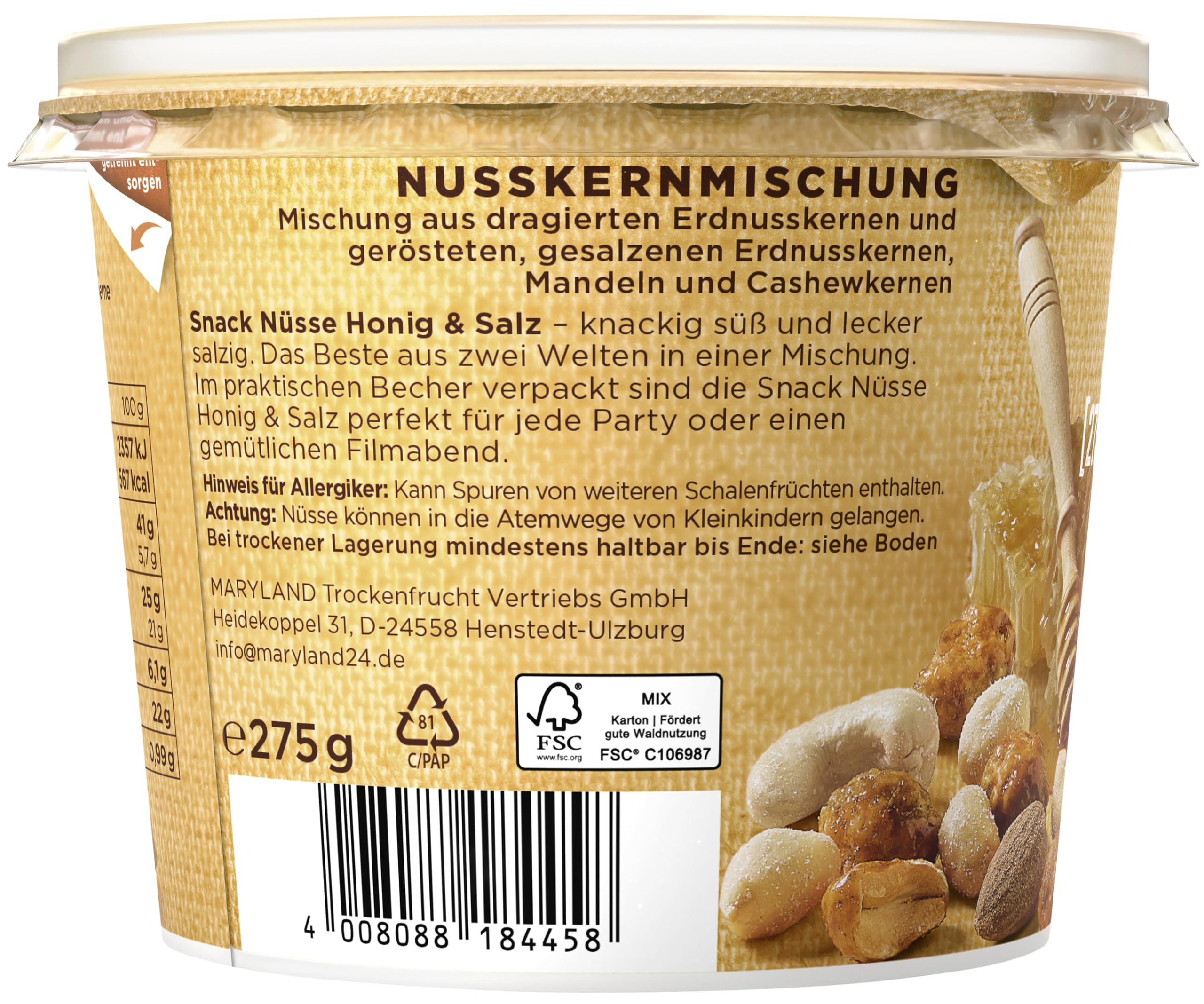 Maryland Snack Nüsse Honig & Salz 275g Becher Vorratspack - Erdnüsse, Cashewkerne und Mandeln in Nussmischung - Süß & salzig - wiederverschließbarer Becher (6 x 275g)