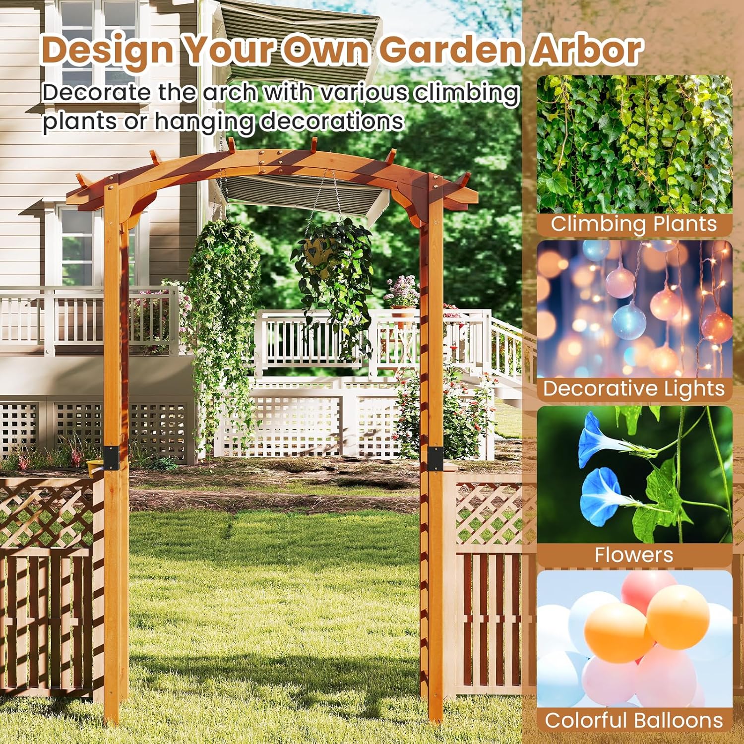 Moccha Arched-top Wooden Garden Arch - 7.5 FT Outdoor Arbor Trellis for Climbing Plants, Roses, Vines, Outside Pergola Planter, Garden Arbor for Lawn Backyard Wedding Ceremony Bridal Party