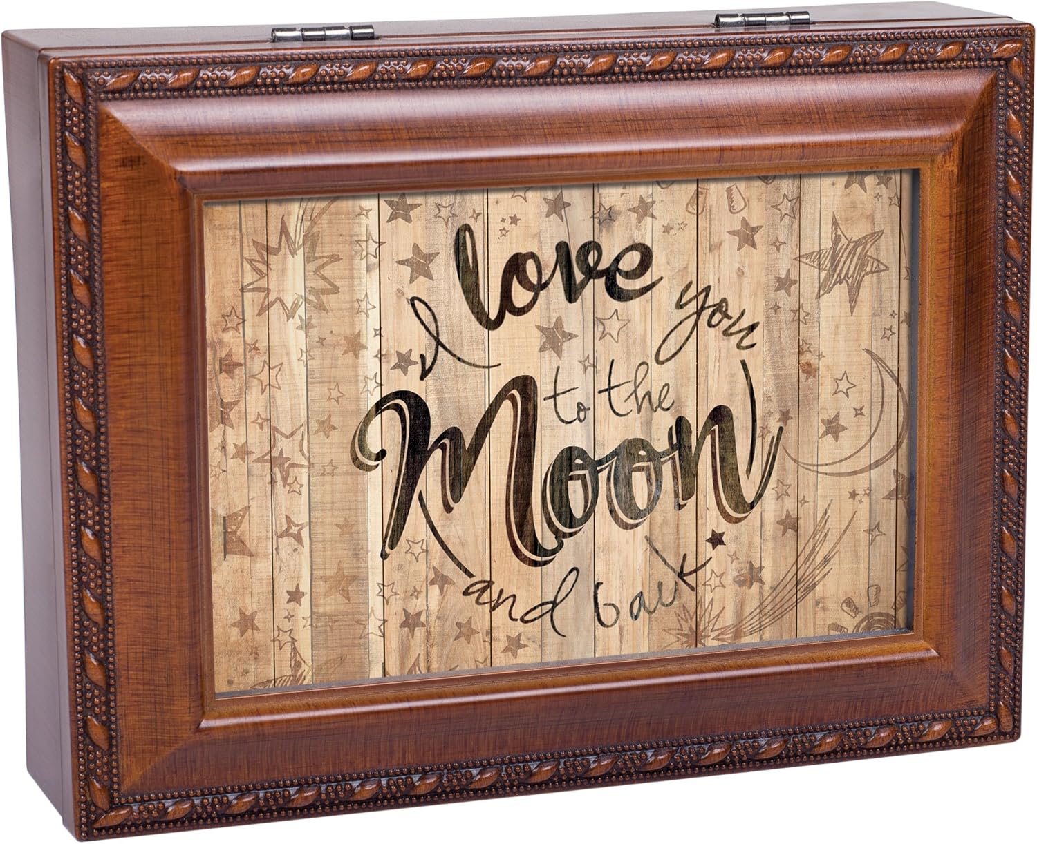 Cottage Garden Love You to The Moon and Back Woodgrain Rope Trim Jewelry Music Box Plays Wonderful World