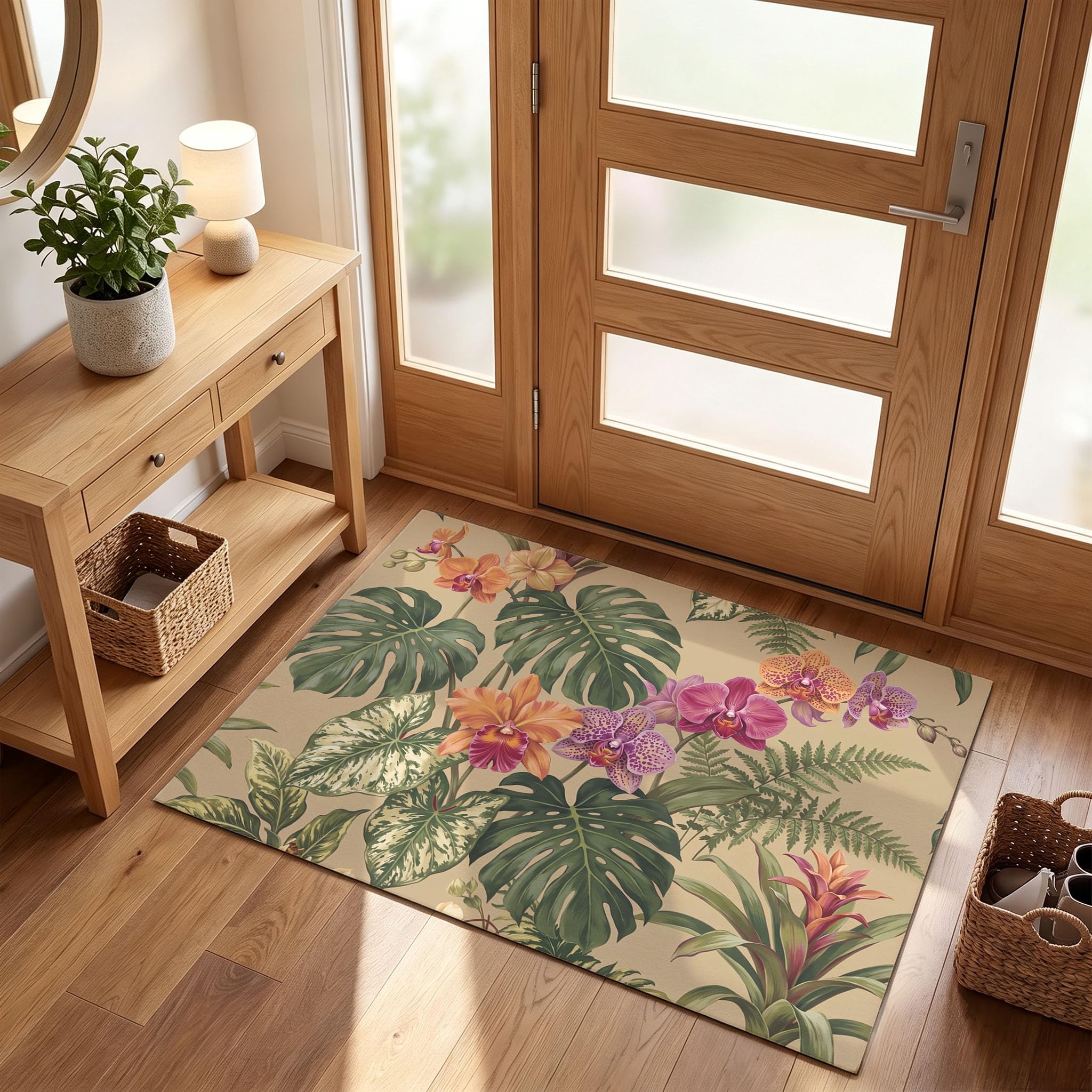 Orange Violet Plantes Fleurs Tropicalespaillasson Durable Et Antidérapant Retient L’Eau Et Les Saletés Facile À Nettoyerpaillasson Interieur80X120 Cm Tapis D'Entrée Antidérapant