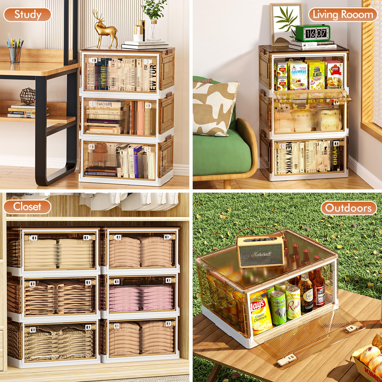 Kmiectse Clear Storage Bin with Lid 3 Pack ?ÇÉStackable & Sturdy?Çæ Plastic Bins for Storage, Folding Storage Bins for Bedroom, Living Room Toy Room, 30 QT Folding Box with 4 door