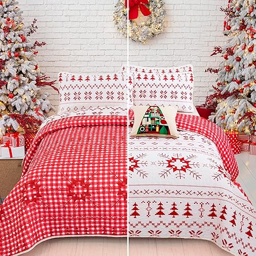 Miniatura 8 de WONGS BEDDING Juego de edredón de Navidad Queen (90 x 96 pulgadas), diseño de copo de nieve y árbol de Navidad, colcha acolchada con 2 fundas de