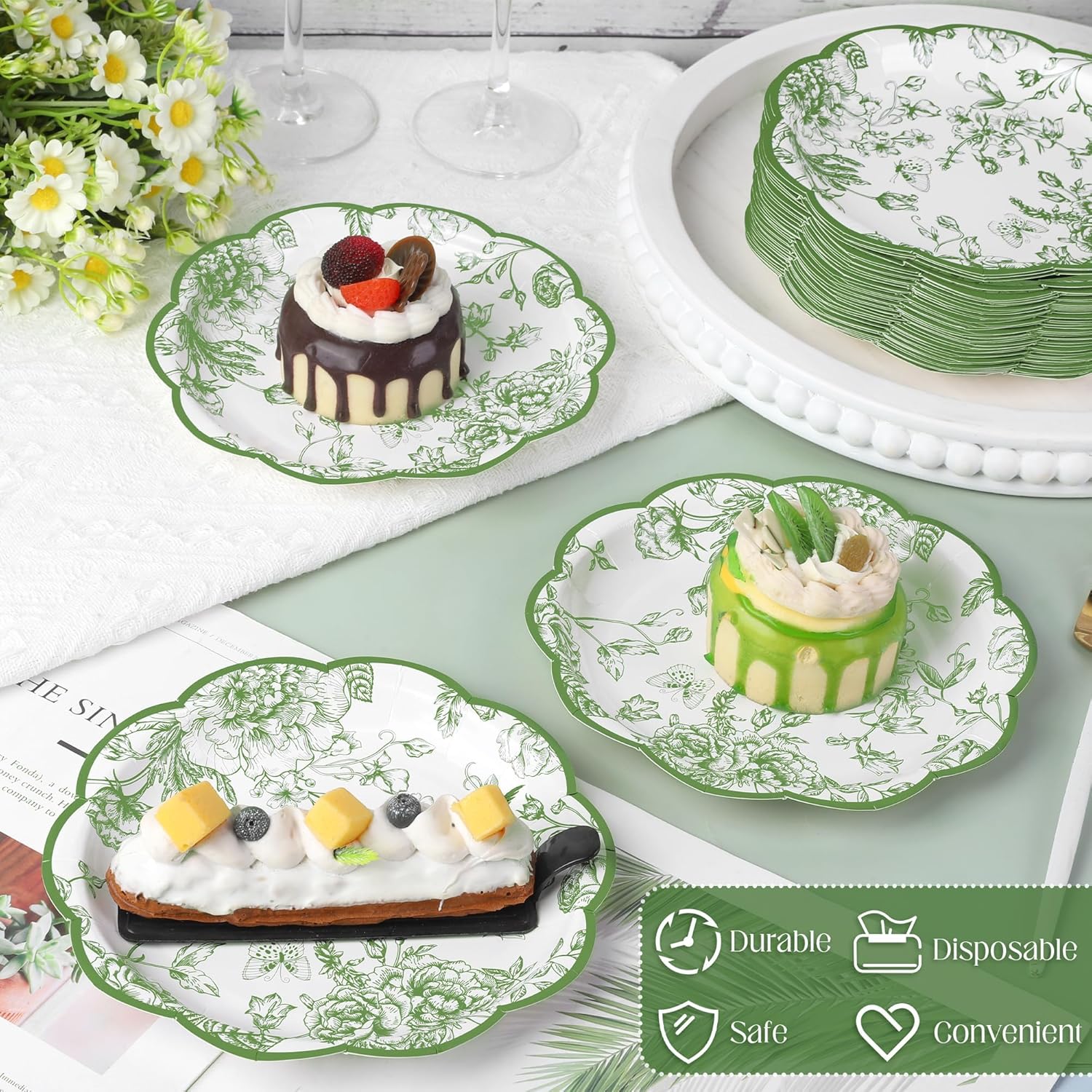 Kochorie 150 Pieces Sage Green Flower Paper Plates 7 Inches Disposable Floral Paper Plates Scalloped Sage Green Chinoiserie Vintage Flower Dessert Plate for Wedding Birthday Holiday Party Supplies