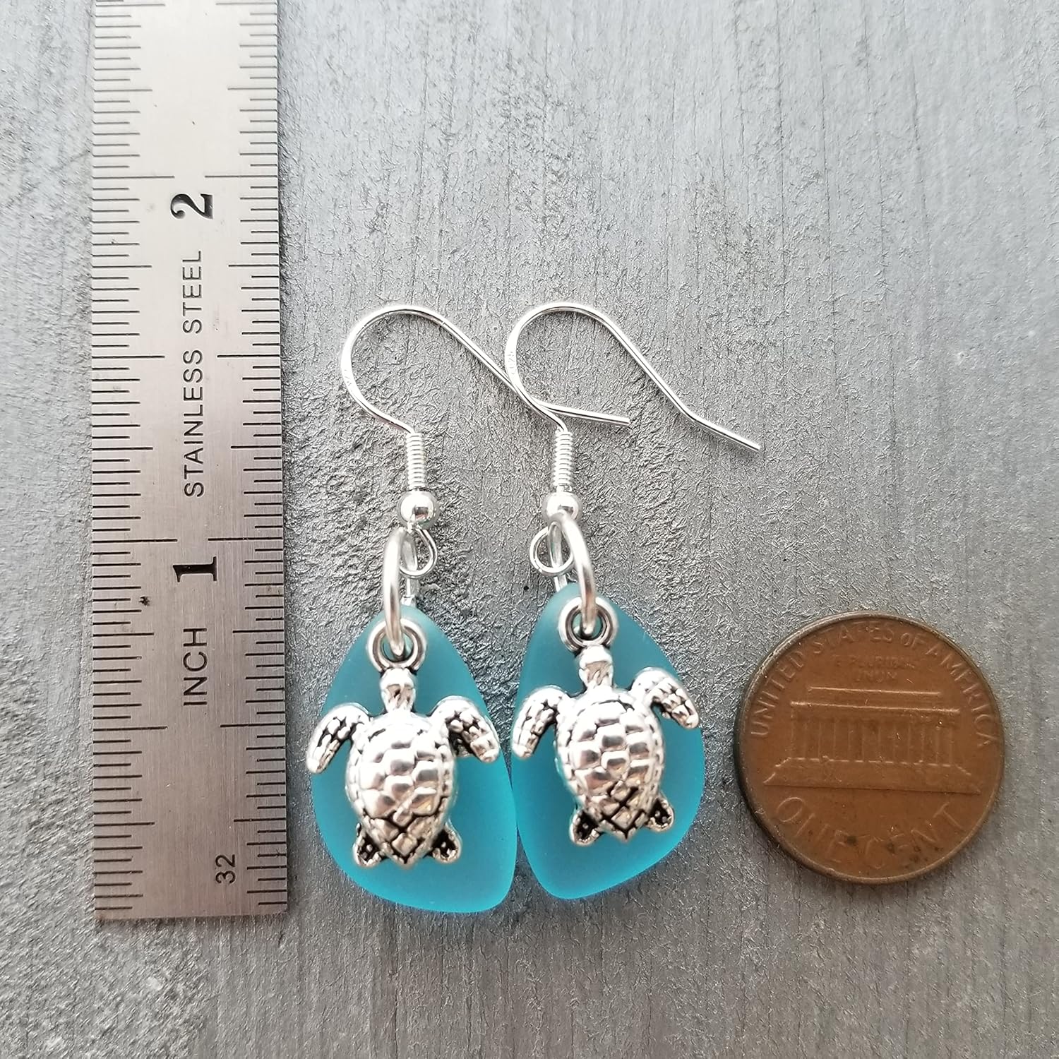 Handmade in Hawaii,"Twin Turtles" Turquoise Bay blue sea glass earrings, "December Birthstone",(Hawaii Gift Wrapped, Customizable Gift Message)