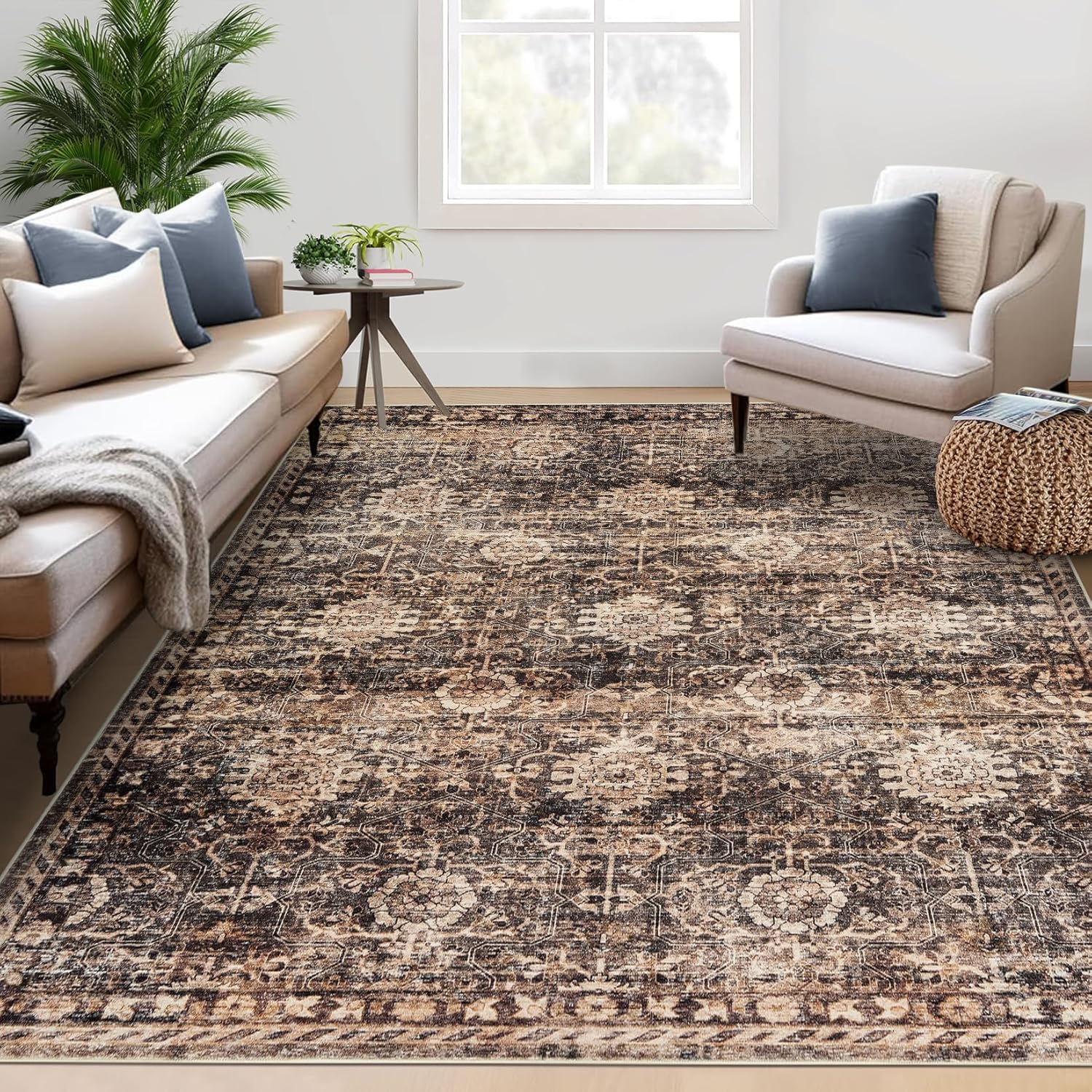 GarveeHome 5x7 Washable Area Rug, Boho Large Rug for Living Room Vintage Soft Rugs for Bedroom, Non Slip Stain Resistant Dining Room Mat Carpet for Department Entryway Kitchen Brown&Coffee